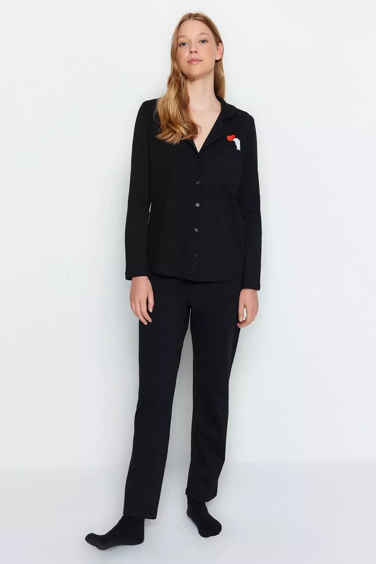 طقم بيجاما مُحاك بطبعة قلب، أسود, C101_2094, large image number 1