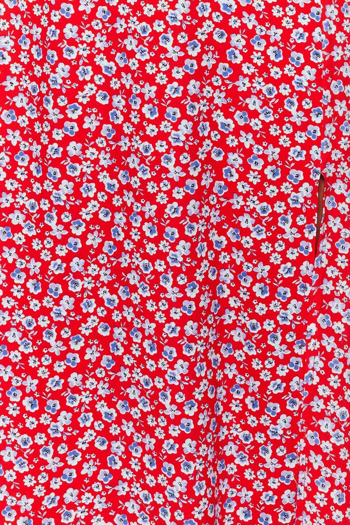 Trendyol - Red Sweetheart Neck Patterned Midi Dress