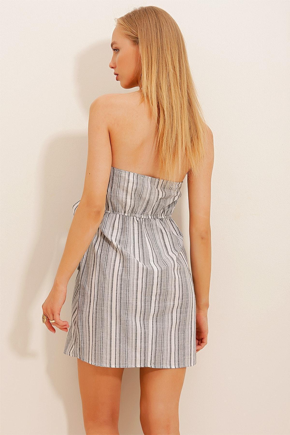 Grey Halter Neck Striped Linen Dress, , large image number 3