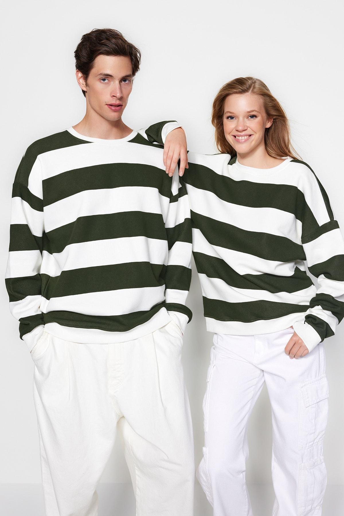 Green Striped Oversized Sweatshirt, , large image number 0