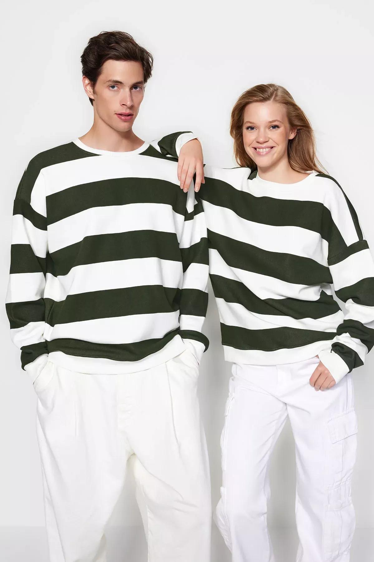 Green Striped Oversized Sweatshirt, , large image number 0