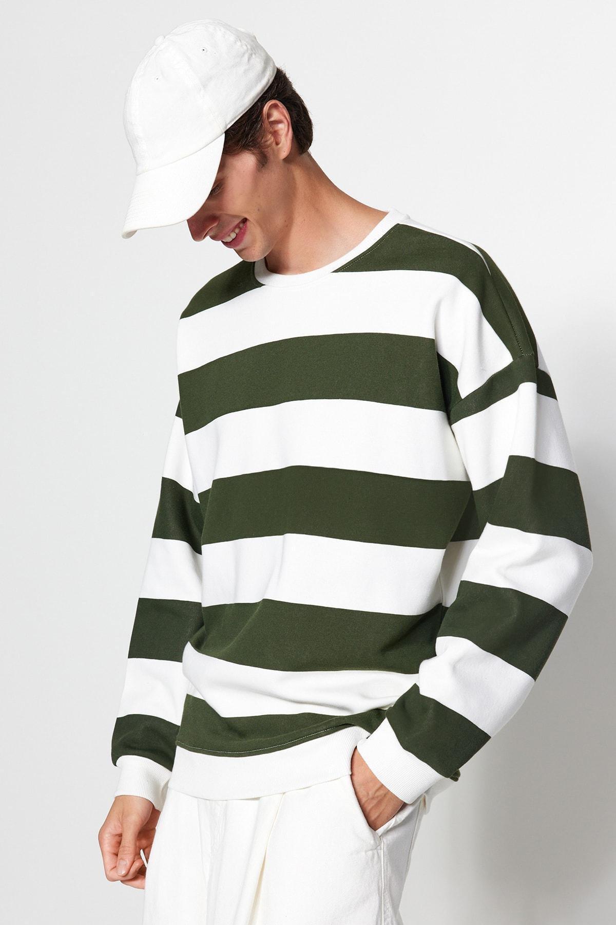 Green Striped Oversized Sweatshirt, , large image number 1
