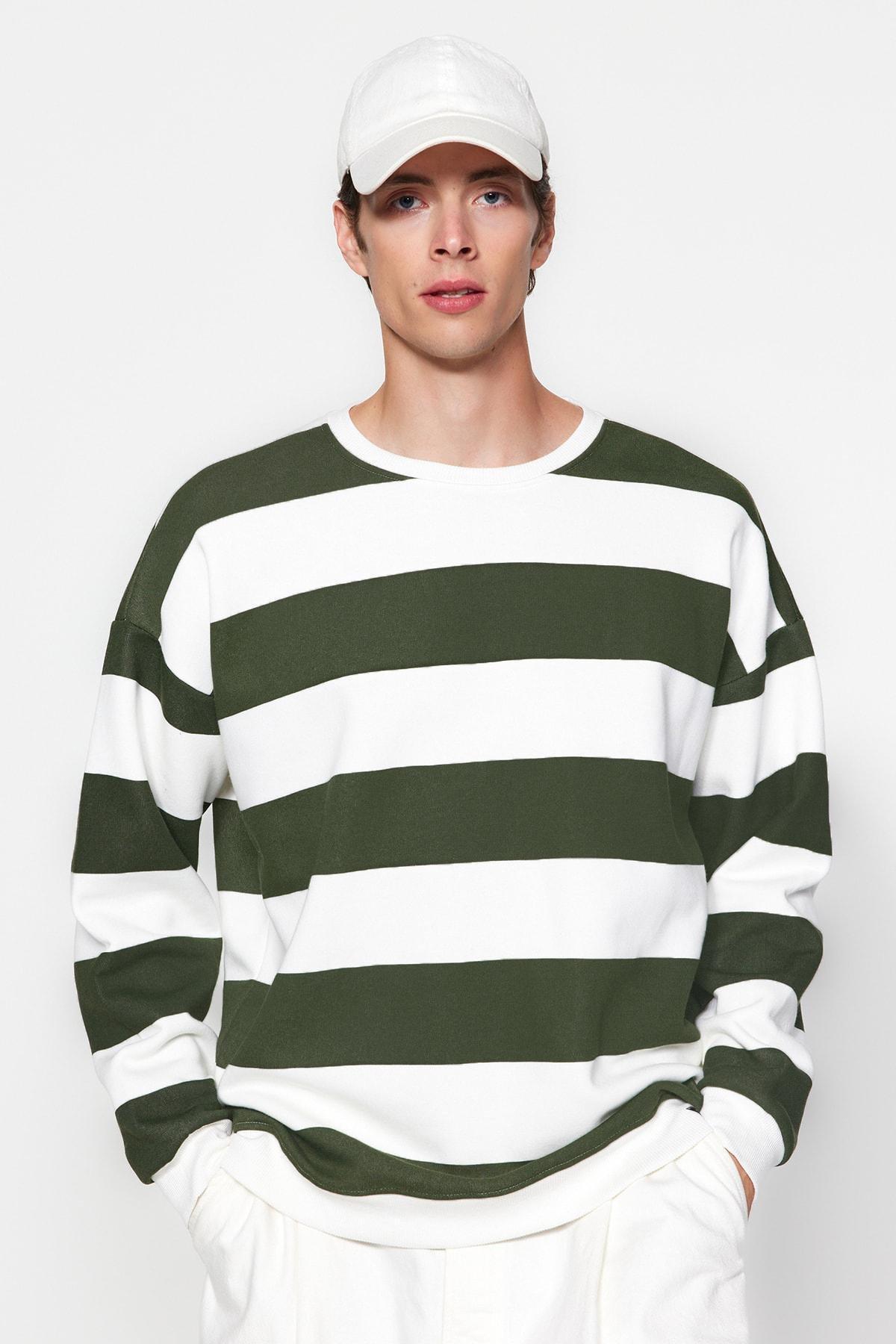 Trendyol - Green Striped Oversized Sweatshirt