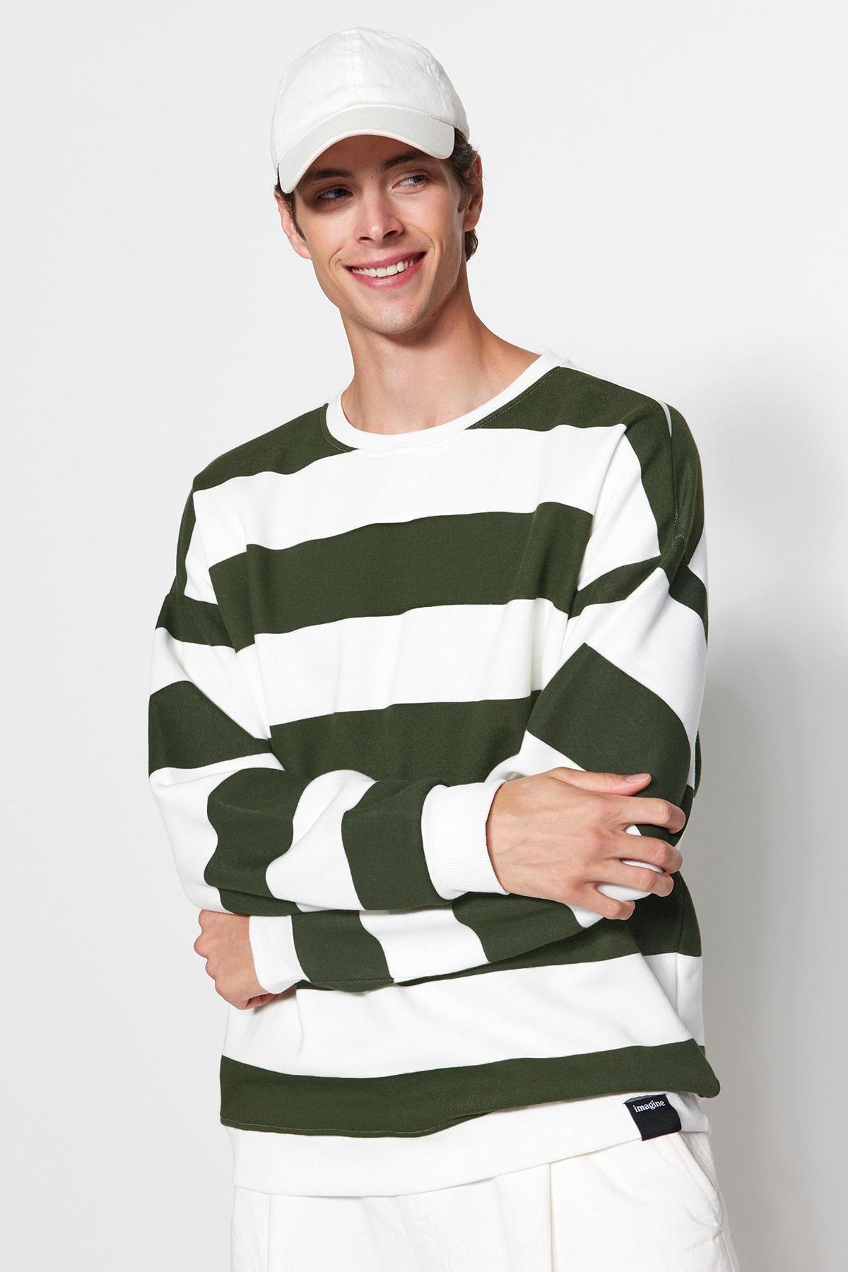 Trendyol - Green Striped Oversized Sweatshirt