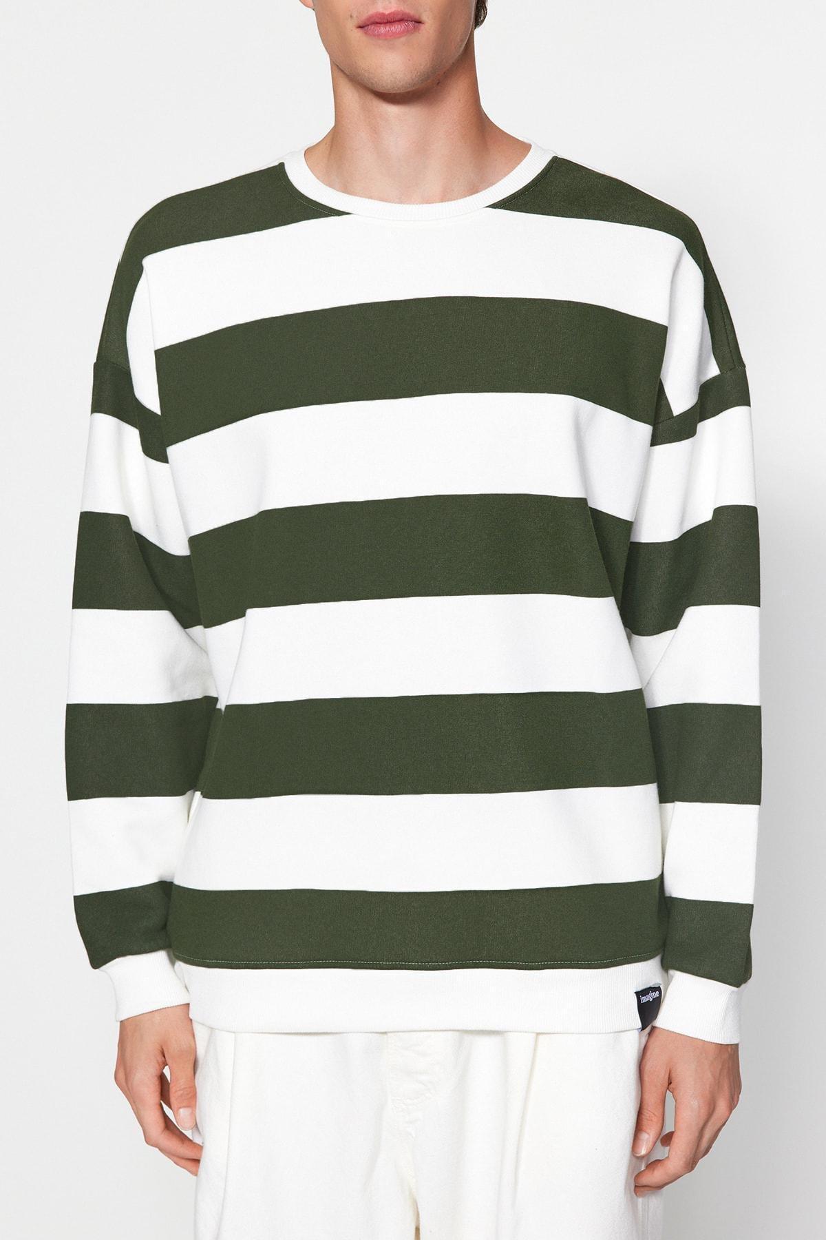 Trendyol - Green Striped Oversized Sweatshirt