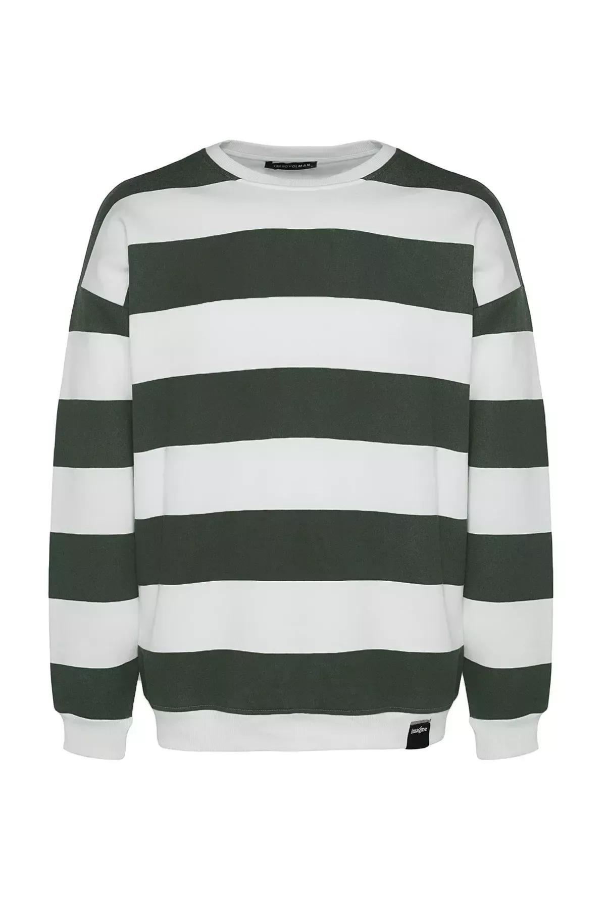 Green Striped Oversized Sweatshirt, , large image number 6