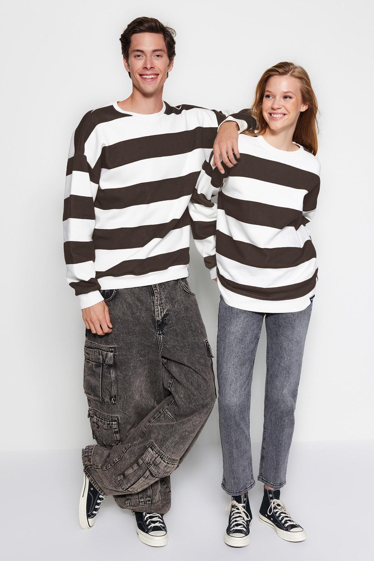 Beige Striped Oversized Sweatshirt, , large image number 0