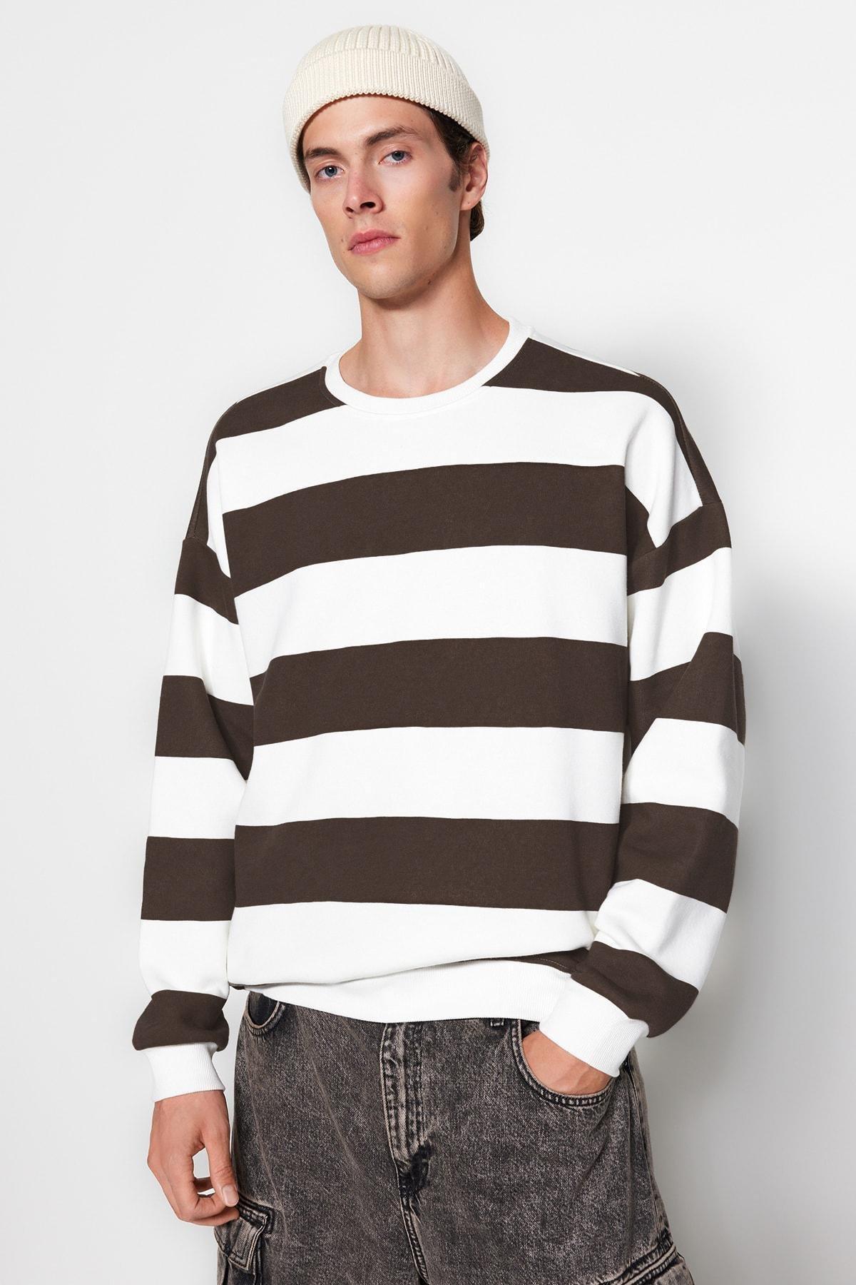 Trendyol - Beige Striped Oversized Sweatshirt