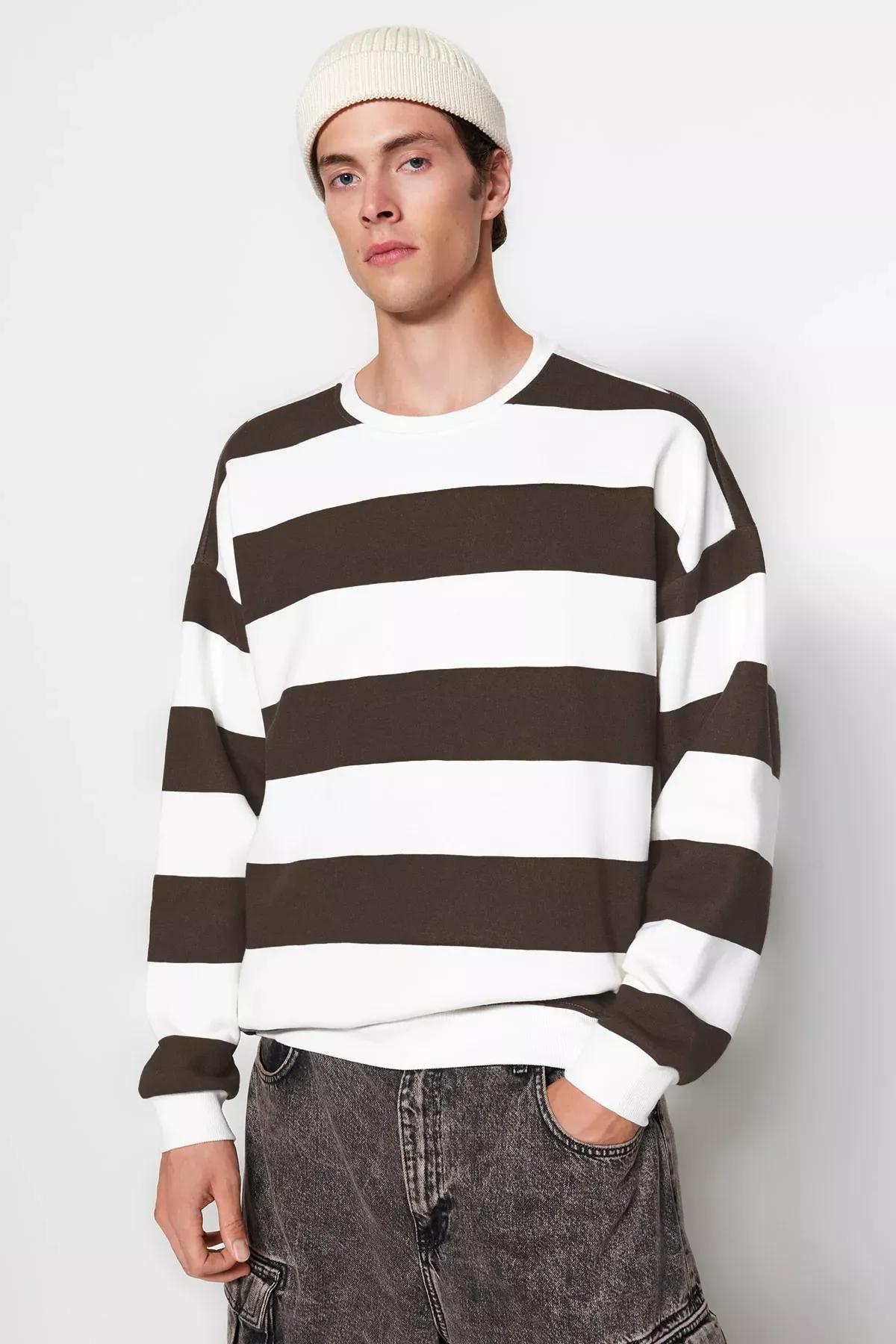 Beige Striped Oversized Sweatshirt, , large image number 1