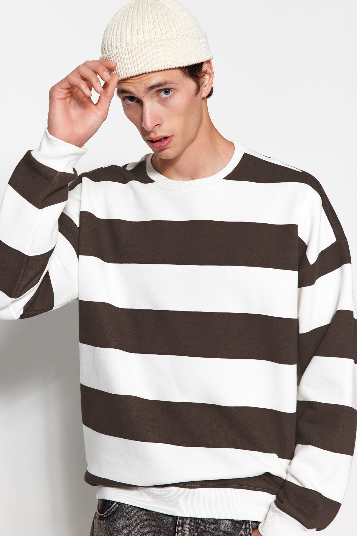 Trendyol - Beige Striped Oversized Sweatshirt