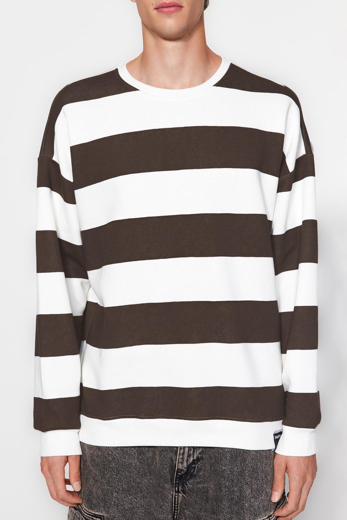 Trendyol - Beige Striped Oversized Sweatshirt