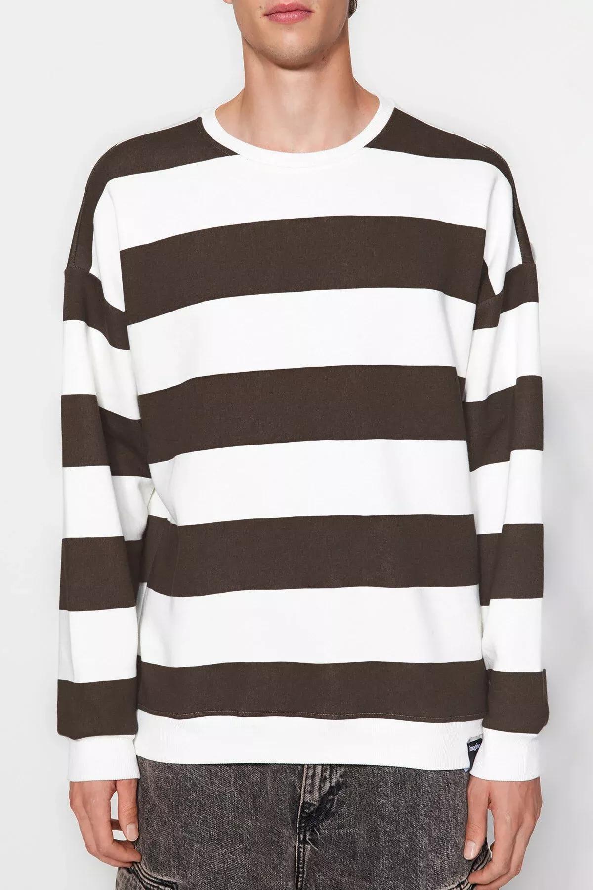 Beige Striped Oversized Sweatshirt, , large image number 3