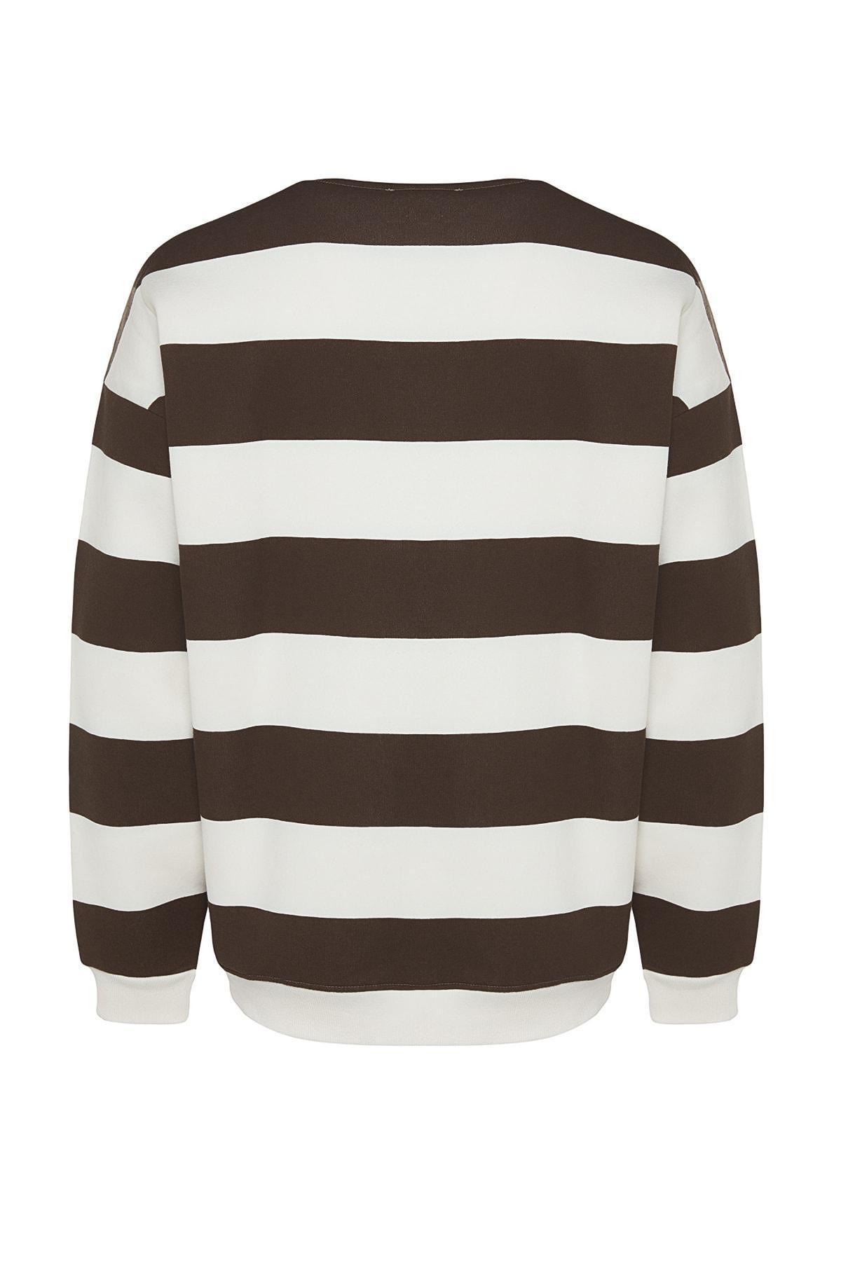 Trendyol - Beige Striped Oversized Sweatshirt