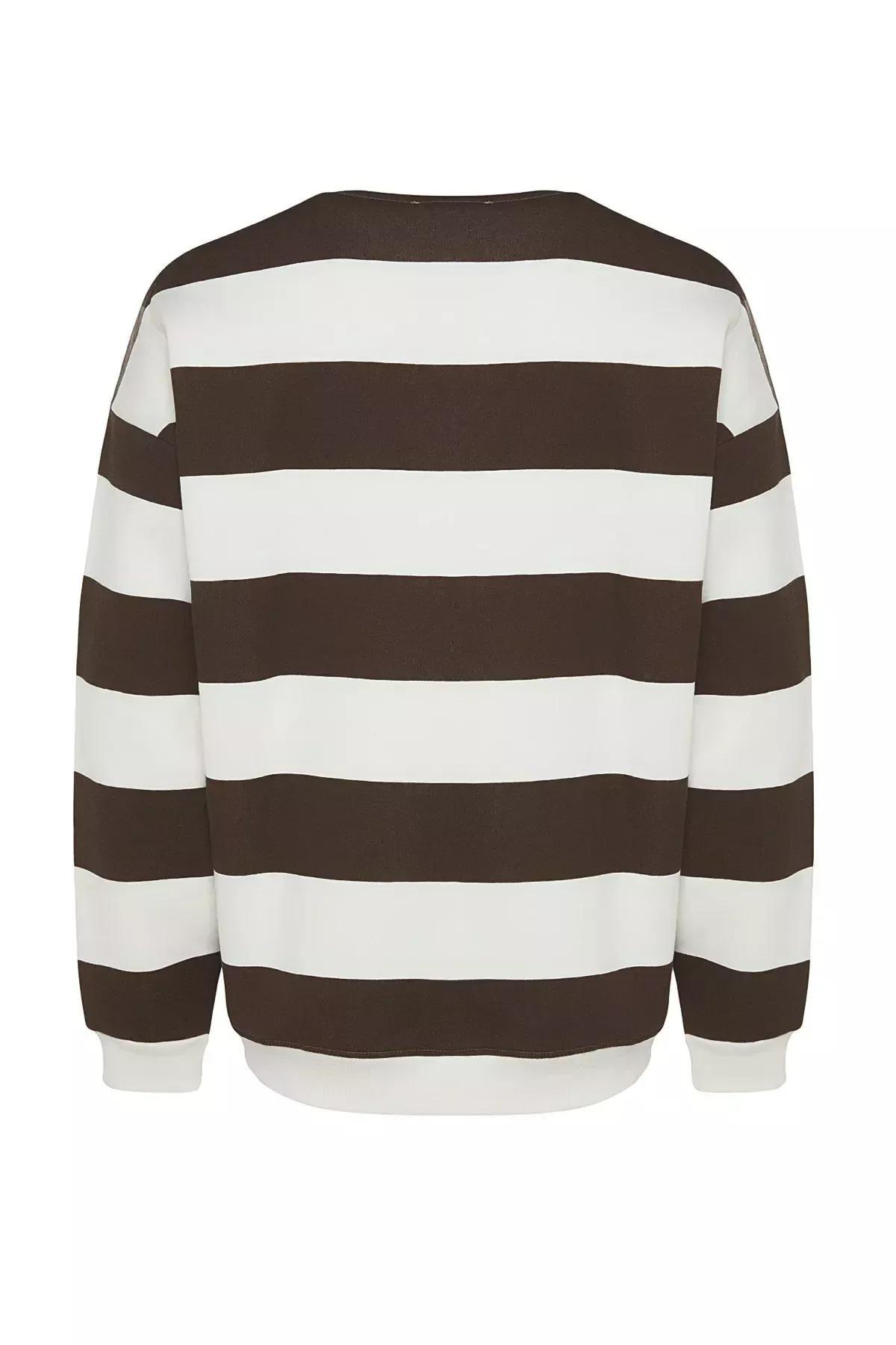 Beige Striped Oversized Sweatshirt, , large image number 6