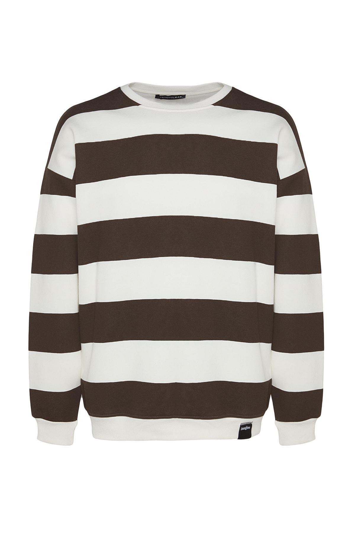 Trendyol - Beige Striped Oversized Sweatshirt