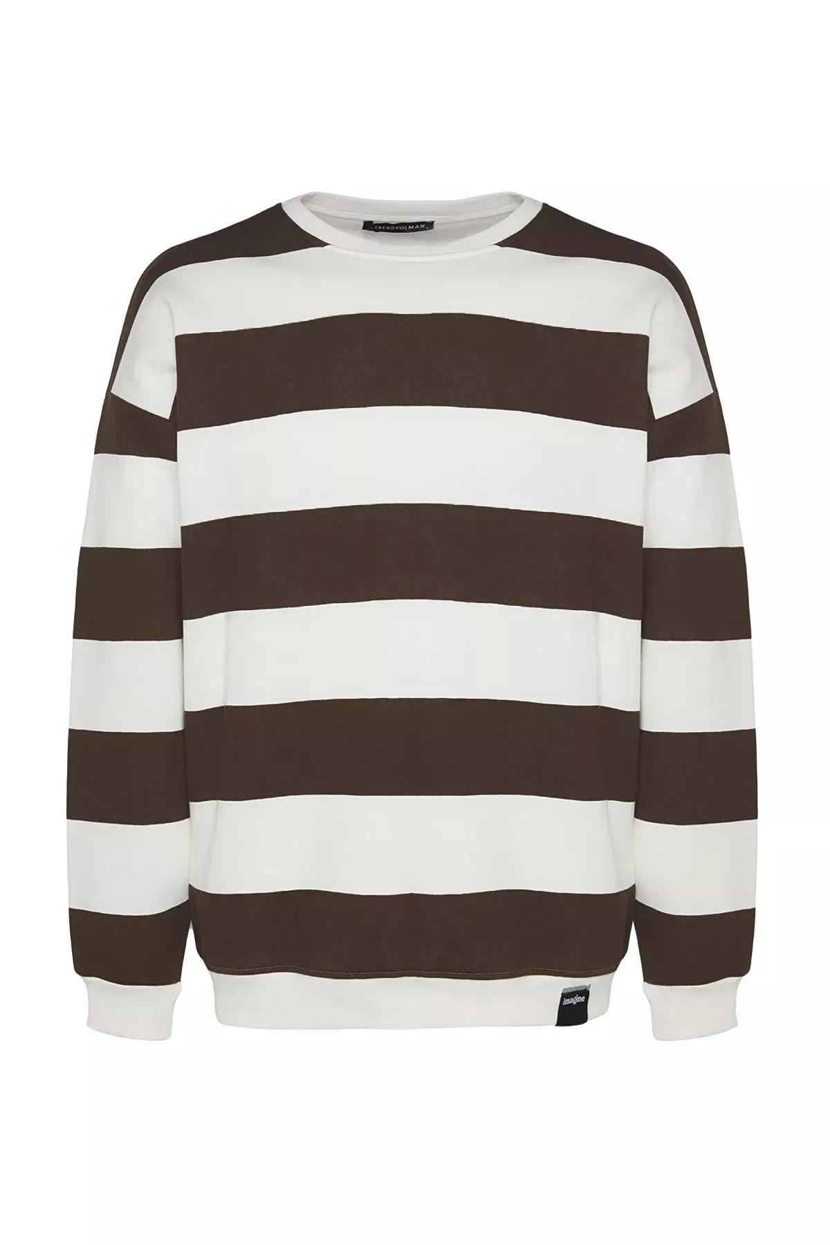 Beige Striped Oversized Sweatshirt, , large image number 7