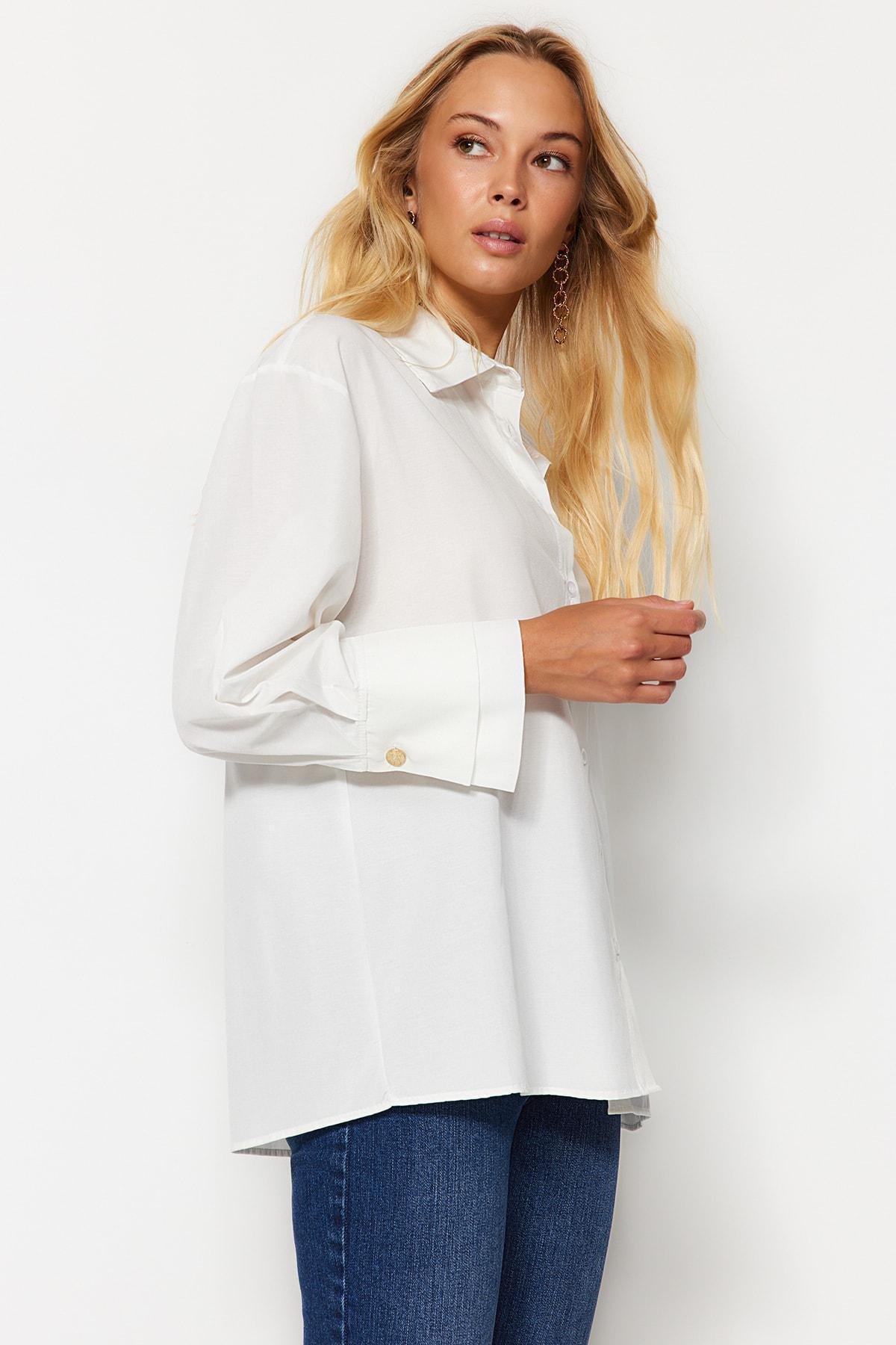 Trendyol - Cream Double Cuff Oversized Knitted Shirt