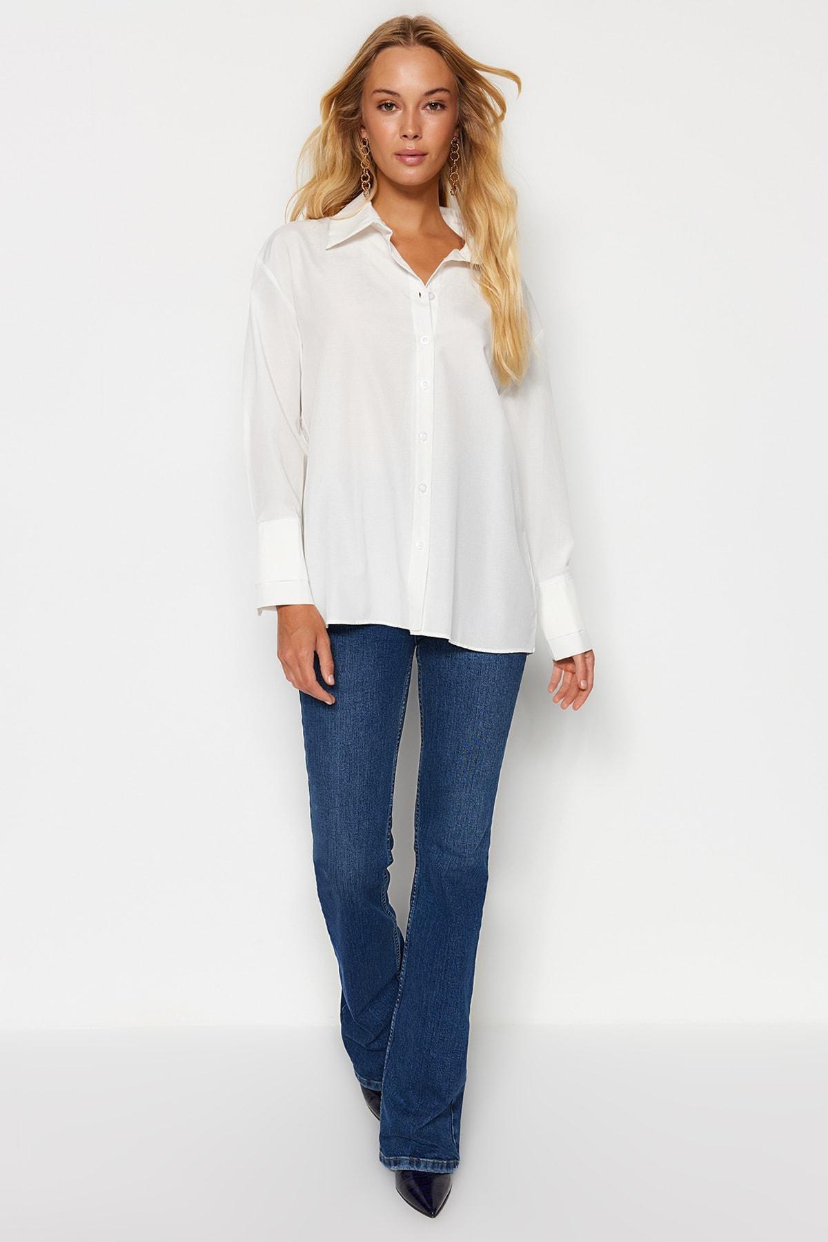 Trendyol - Cream Double Cuff Oversized Knitted Shirt