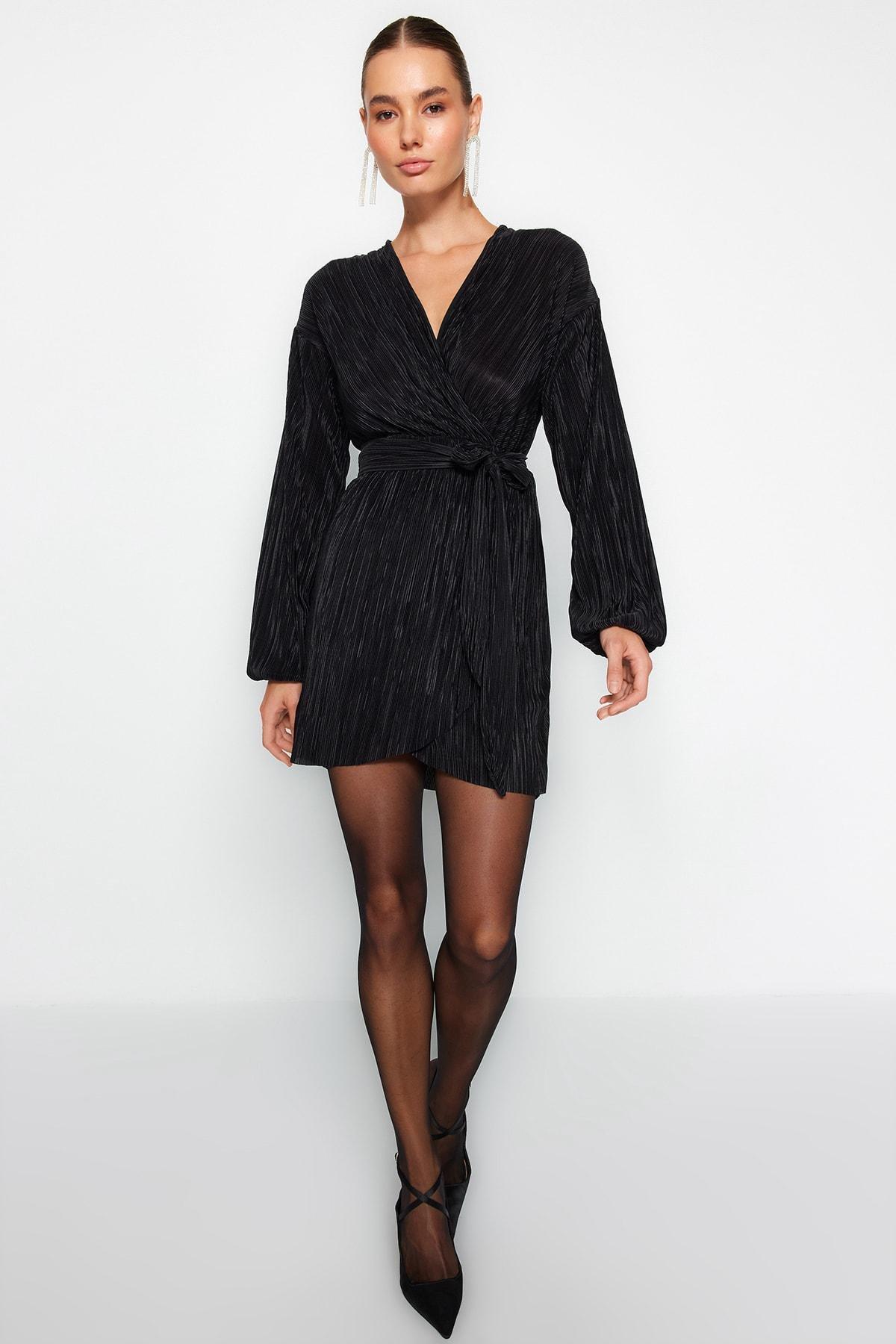 Black Belted Pleated Occasion Wear Dress, , large image number 0