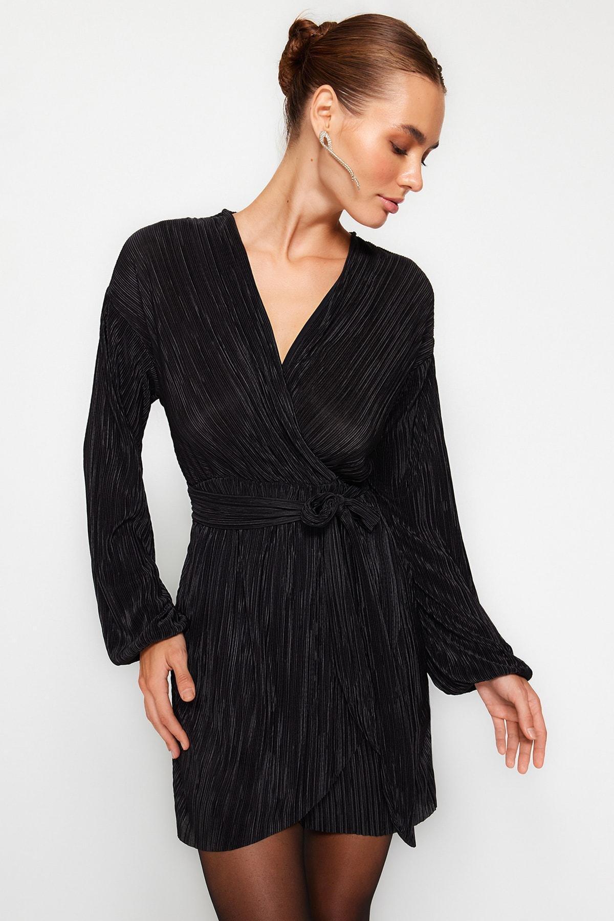Black Belted Pleated Occasion Wear Dress, , large image number 1