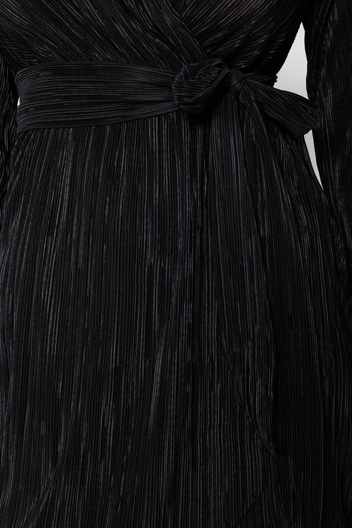 Black Belted Pleated Occasion Wear Dress, , large image number 2