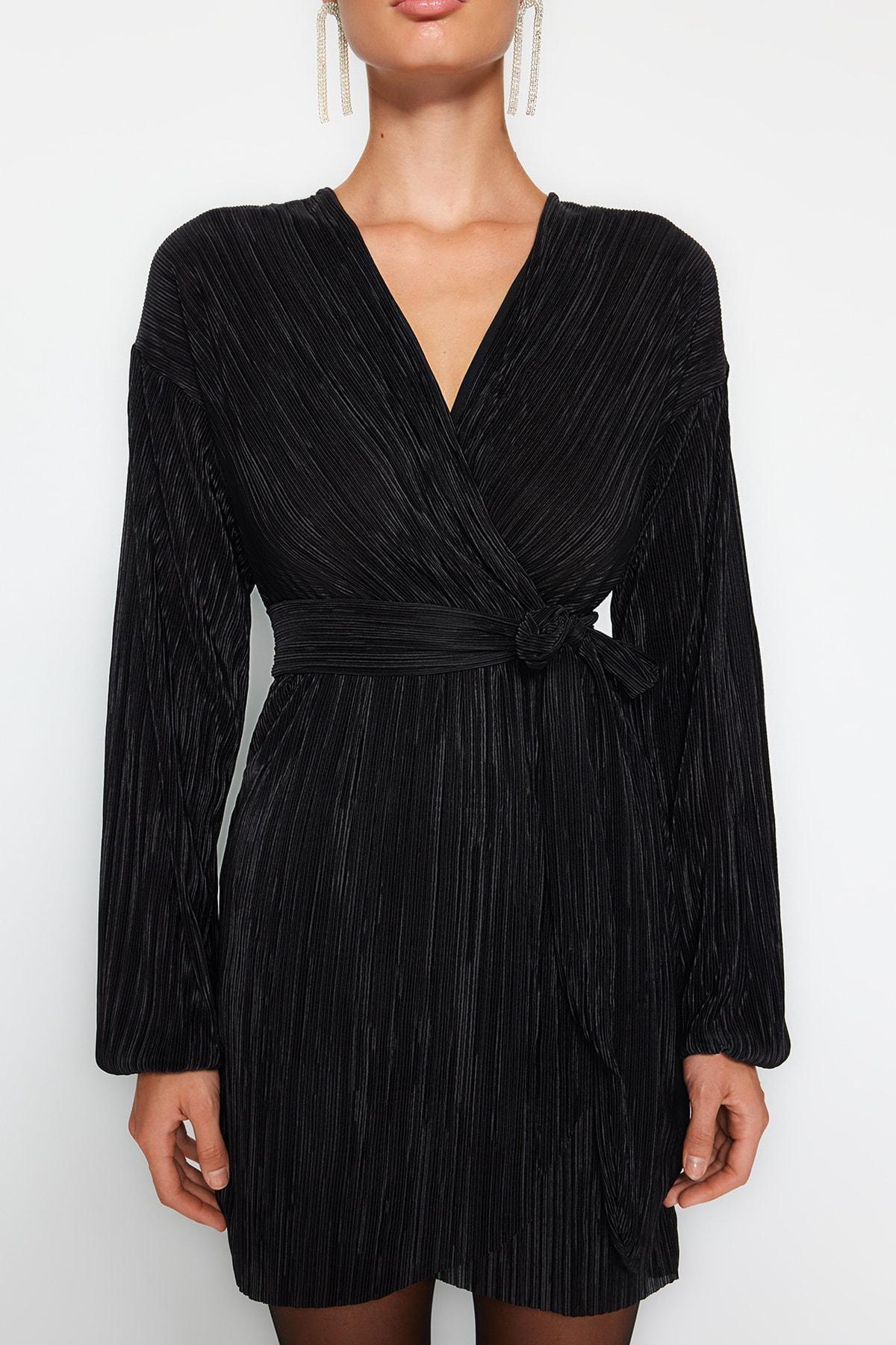 Black Belted Pleated Occasion Wear Dress, , large image number 4