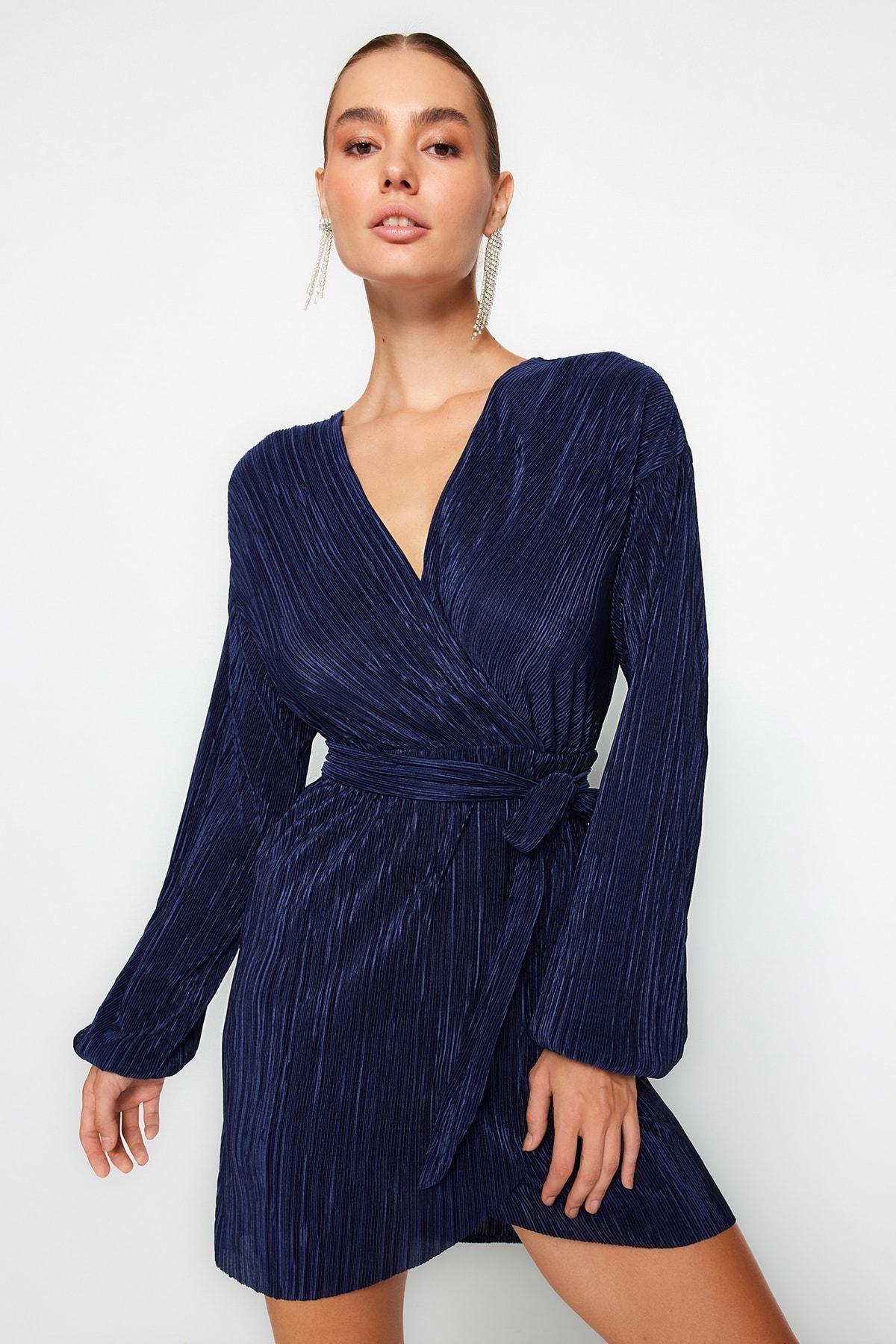 Navy Pleated Elegant Occasionwear Dress, , large image number 0