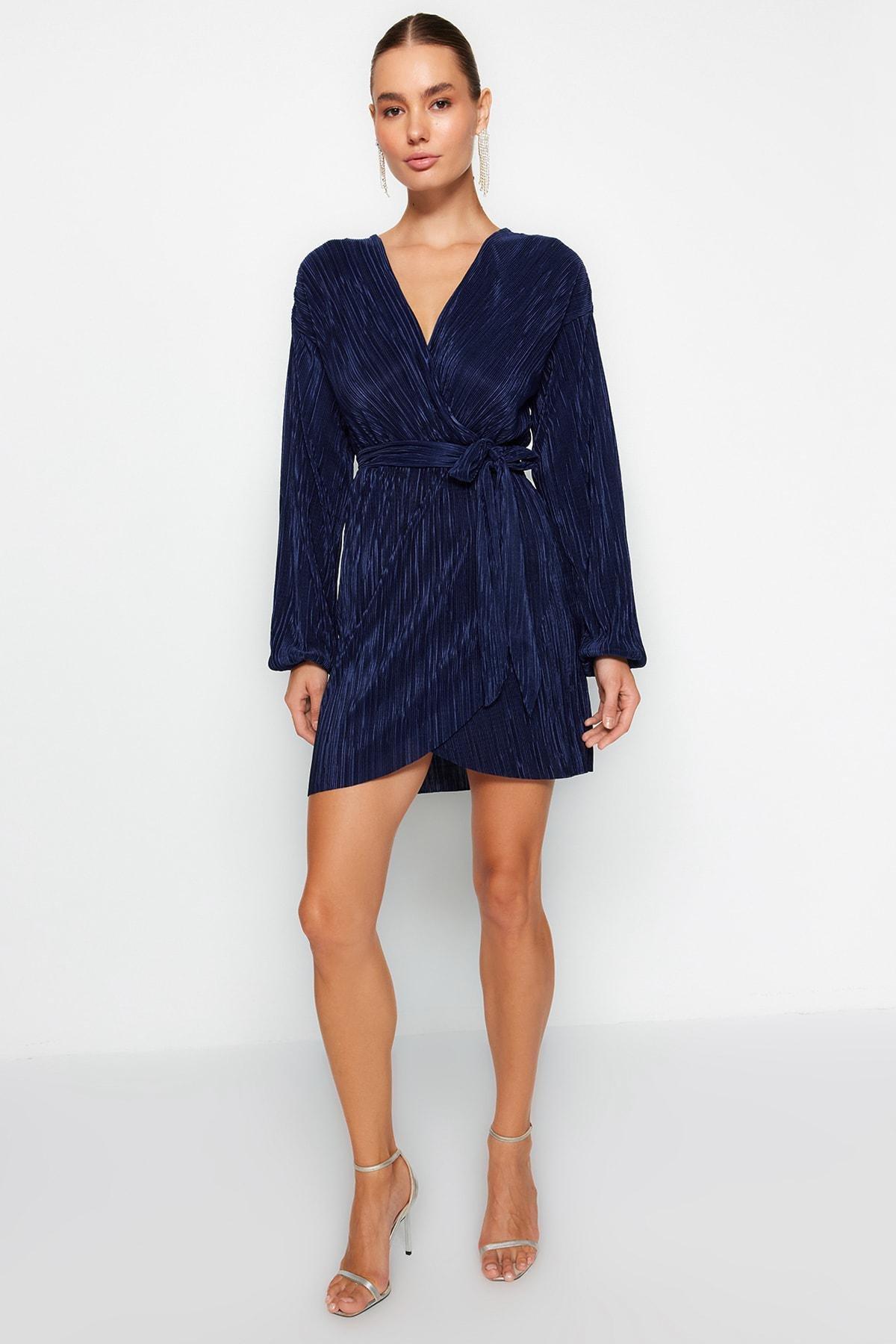 Navy Pleated Elegant Occasionwear Dress, , large image number 2
