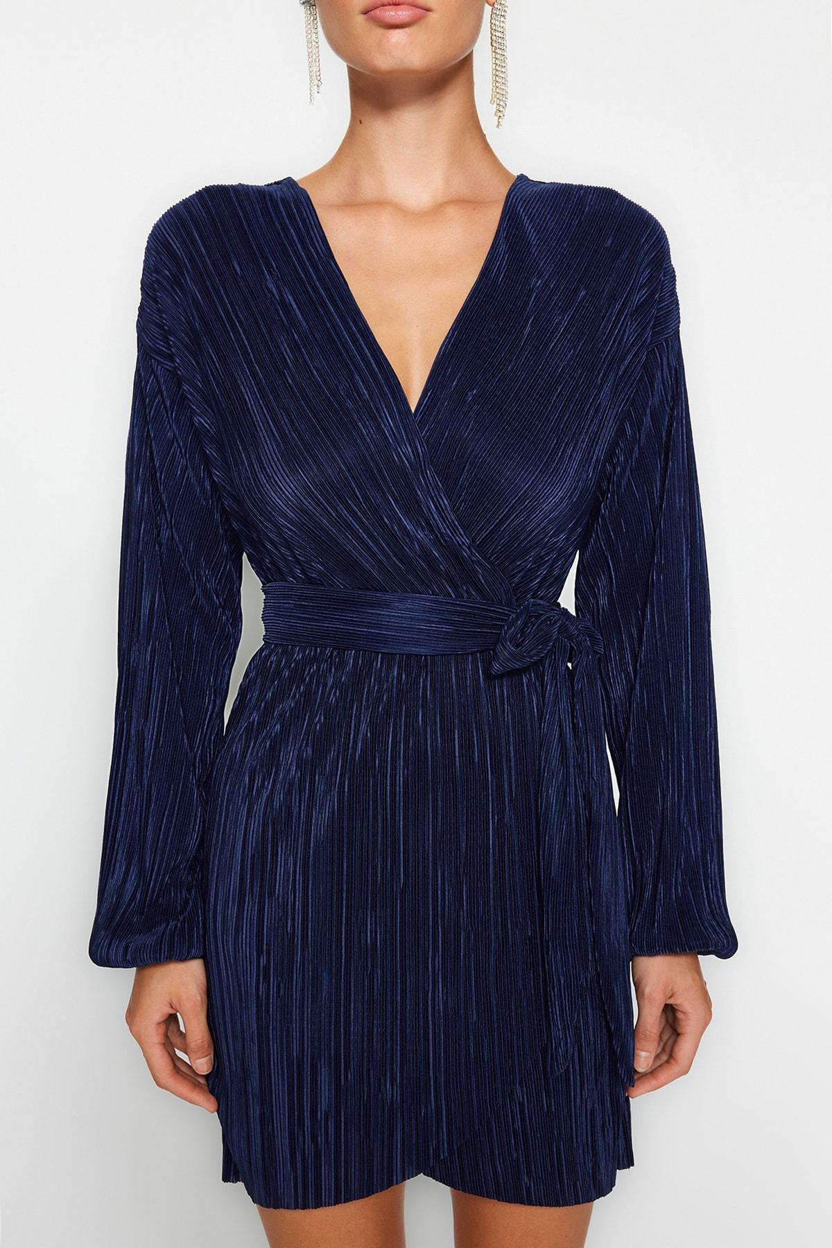 Navy Pleated Elegant Occasionwear Dress, , large image number 3