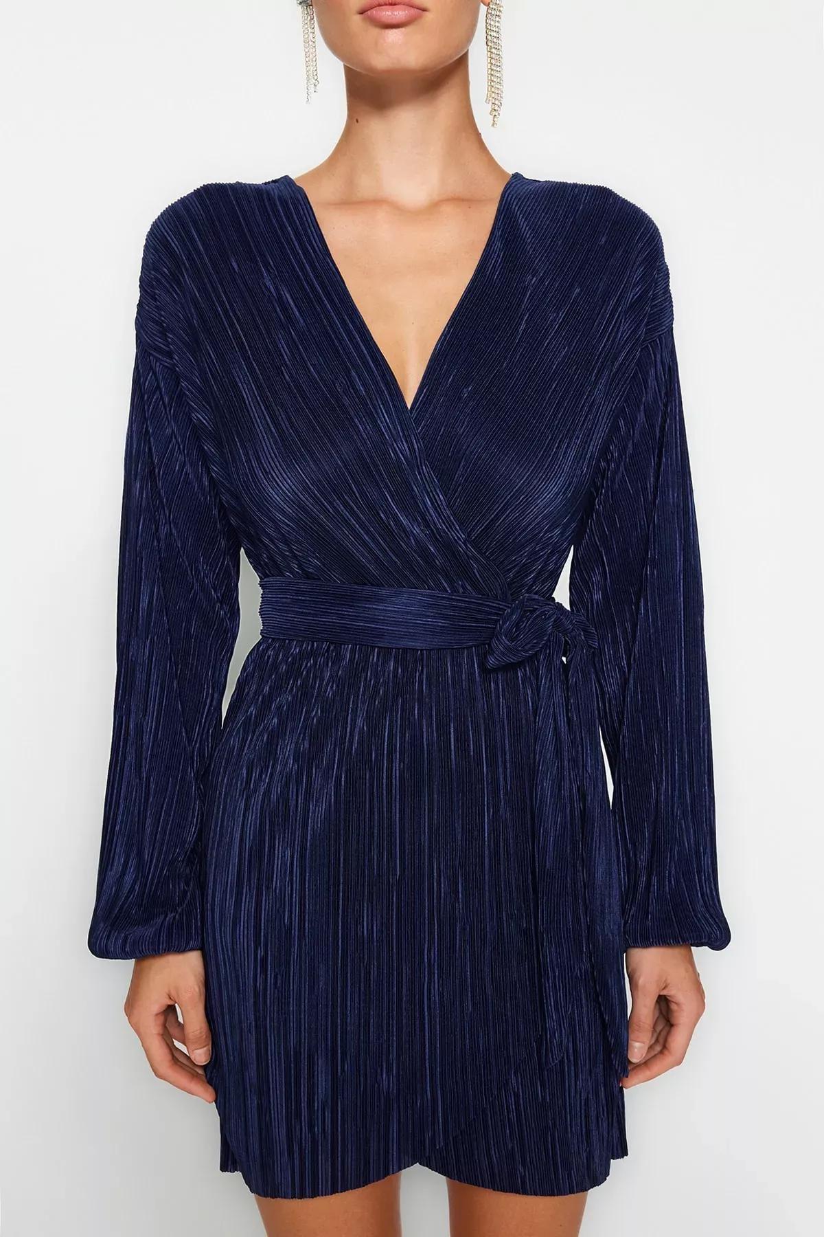 Navy Pleated Elegant Occasionwear Dress, , large image number 3
