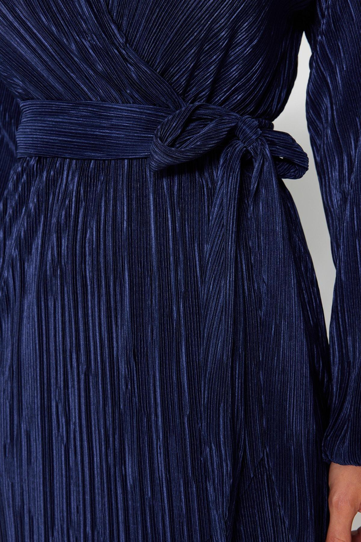 Navy Pleated Elegant Occasionwear Dress, , large image number 4