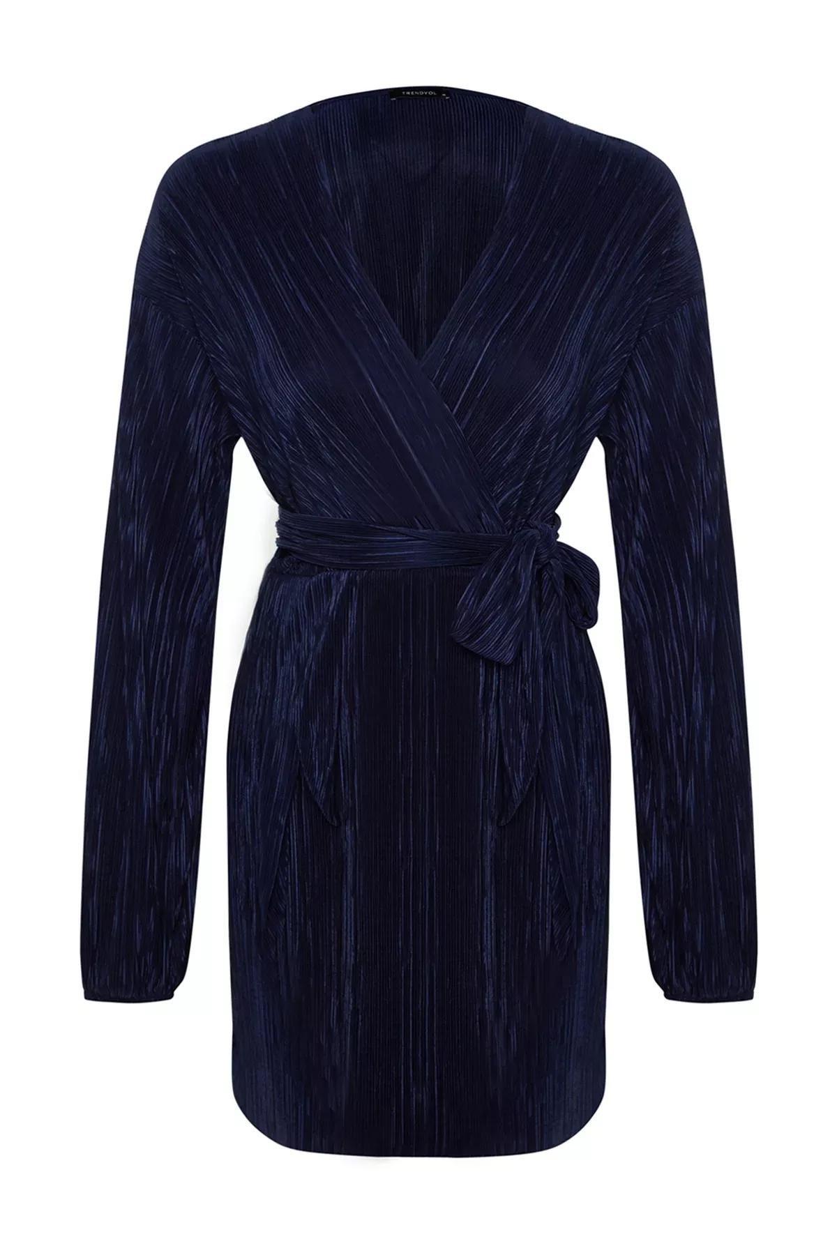 Navy Pleated Elegant Occasionwear Dress, , large image number 5