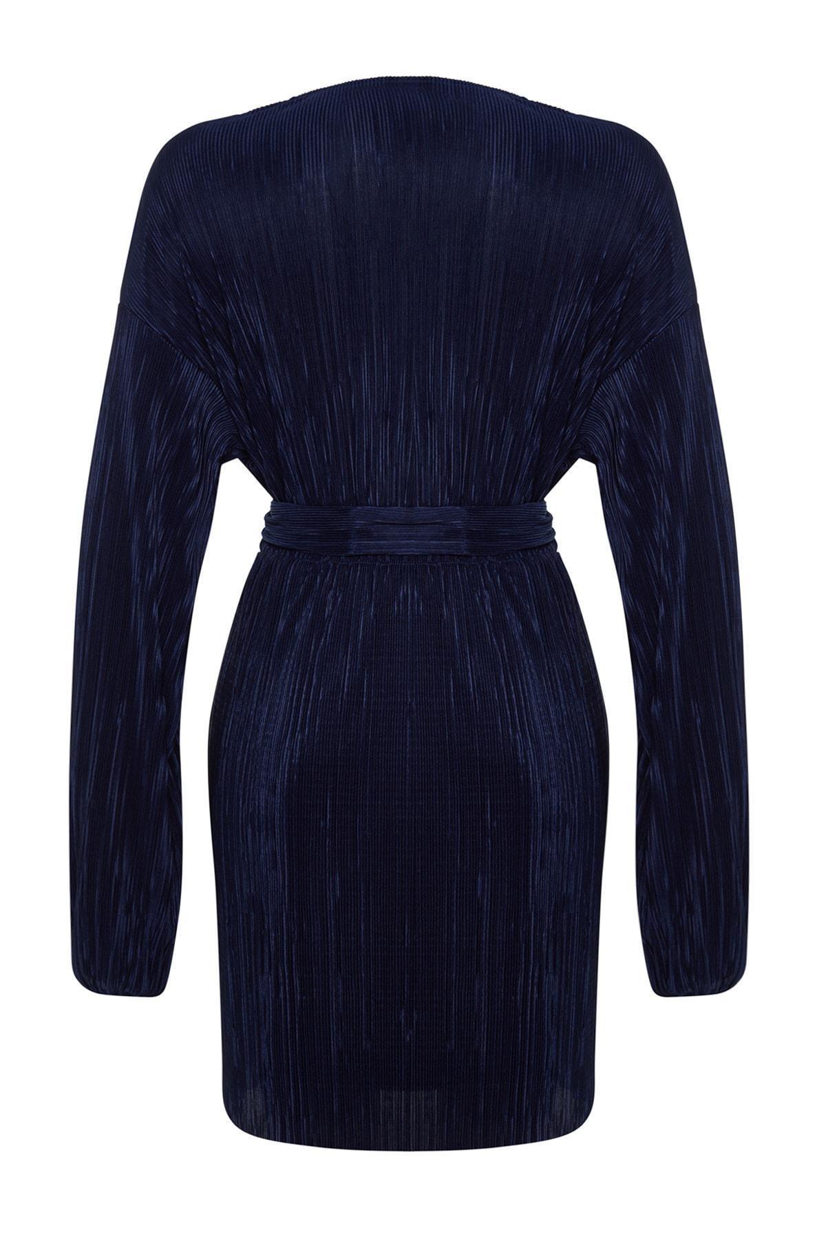 Navy Pleated Elegant Occasionwear Dress, , large image number 6