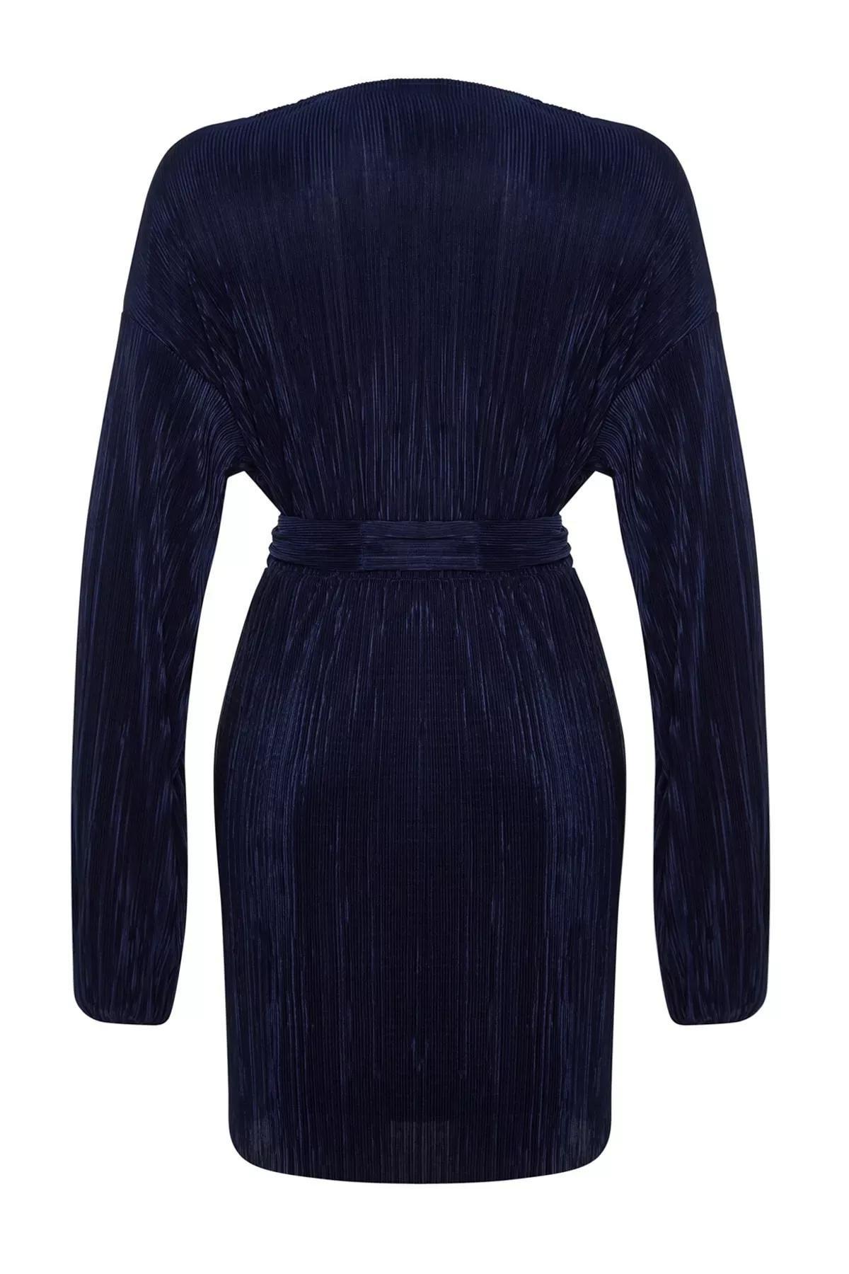 Navy Pleated Elegant Occasionwear Dress, , large image number 6