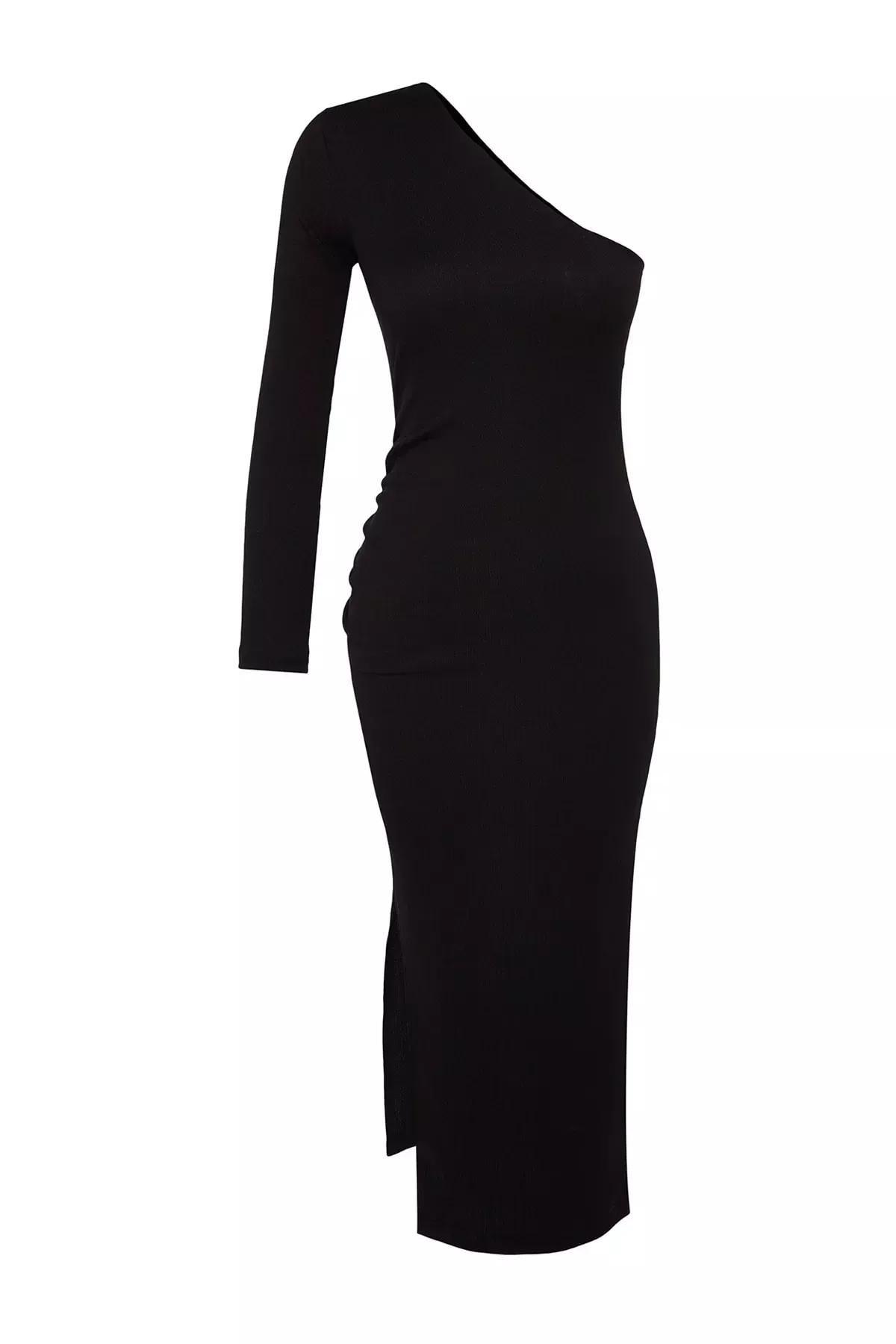 Black Fitted Knitted Occasionwear Dress, BLACK, large image number 7