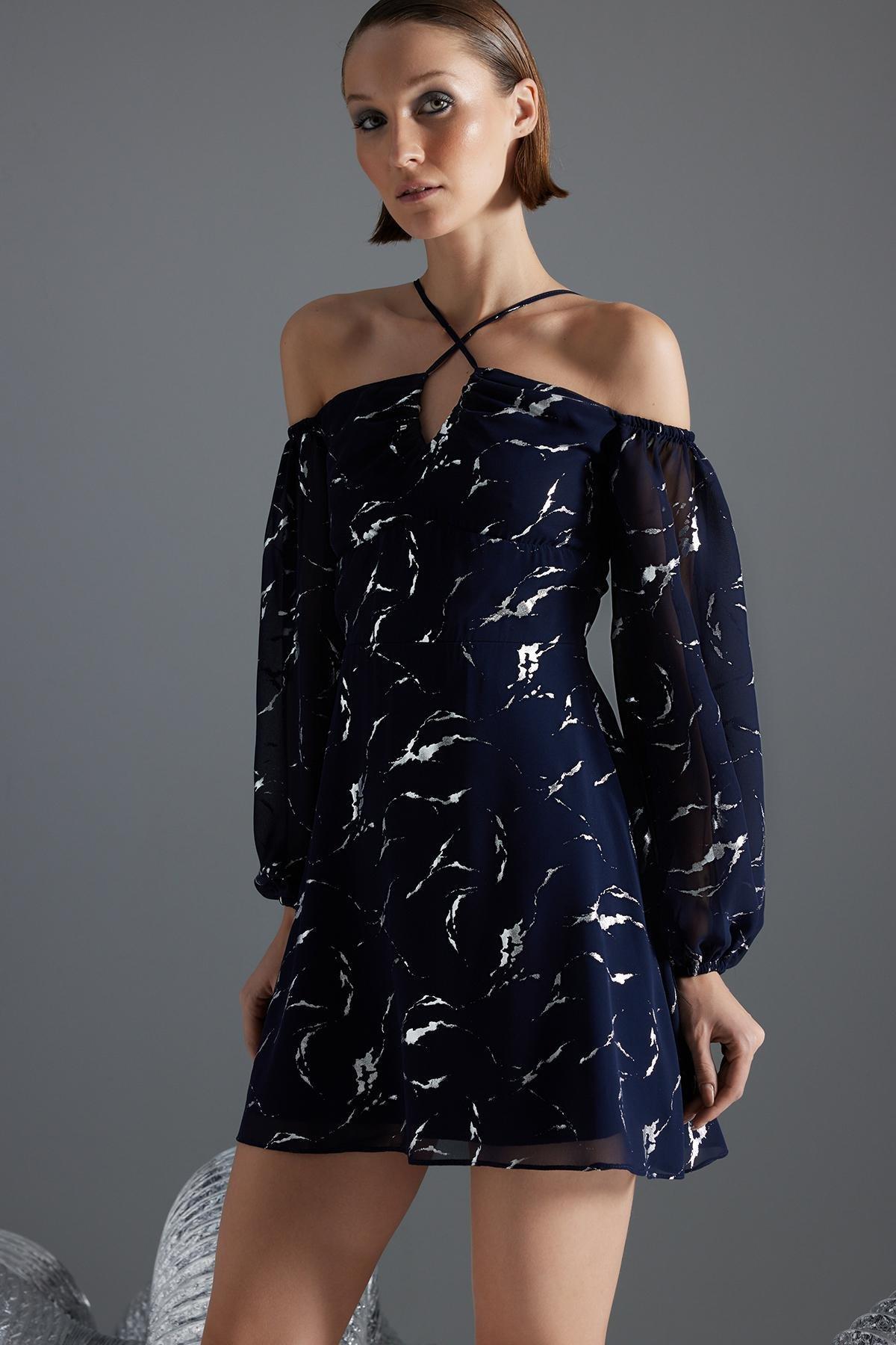 Trendyol - Blue Printed Detailed Occasion Wear Dress 
