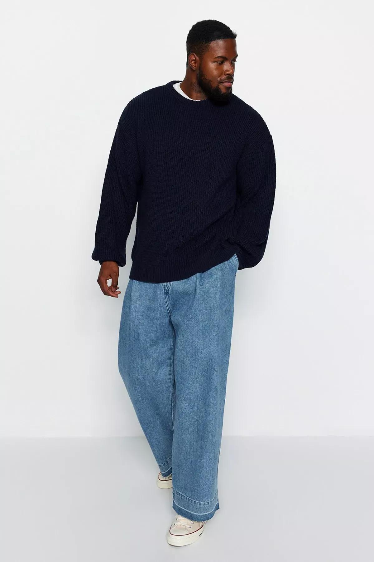 Navy oversize knit sweater, Navy blue, large image number 1