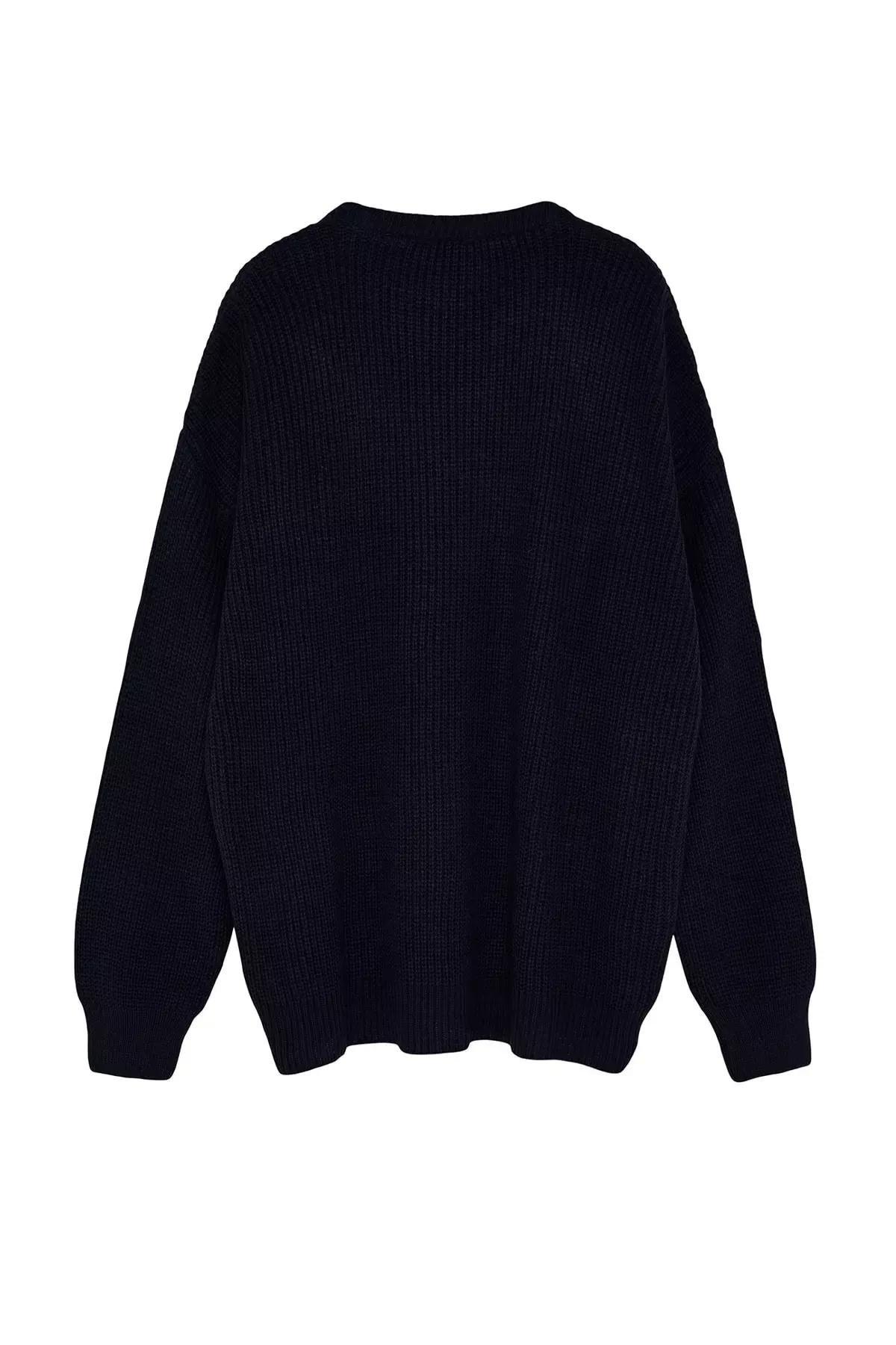 Navy oversize knit sweater, Navy blue, large image number 5