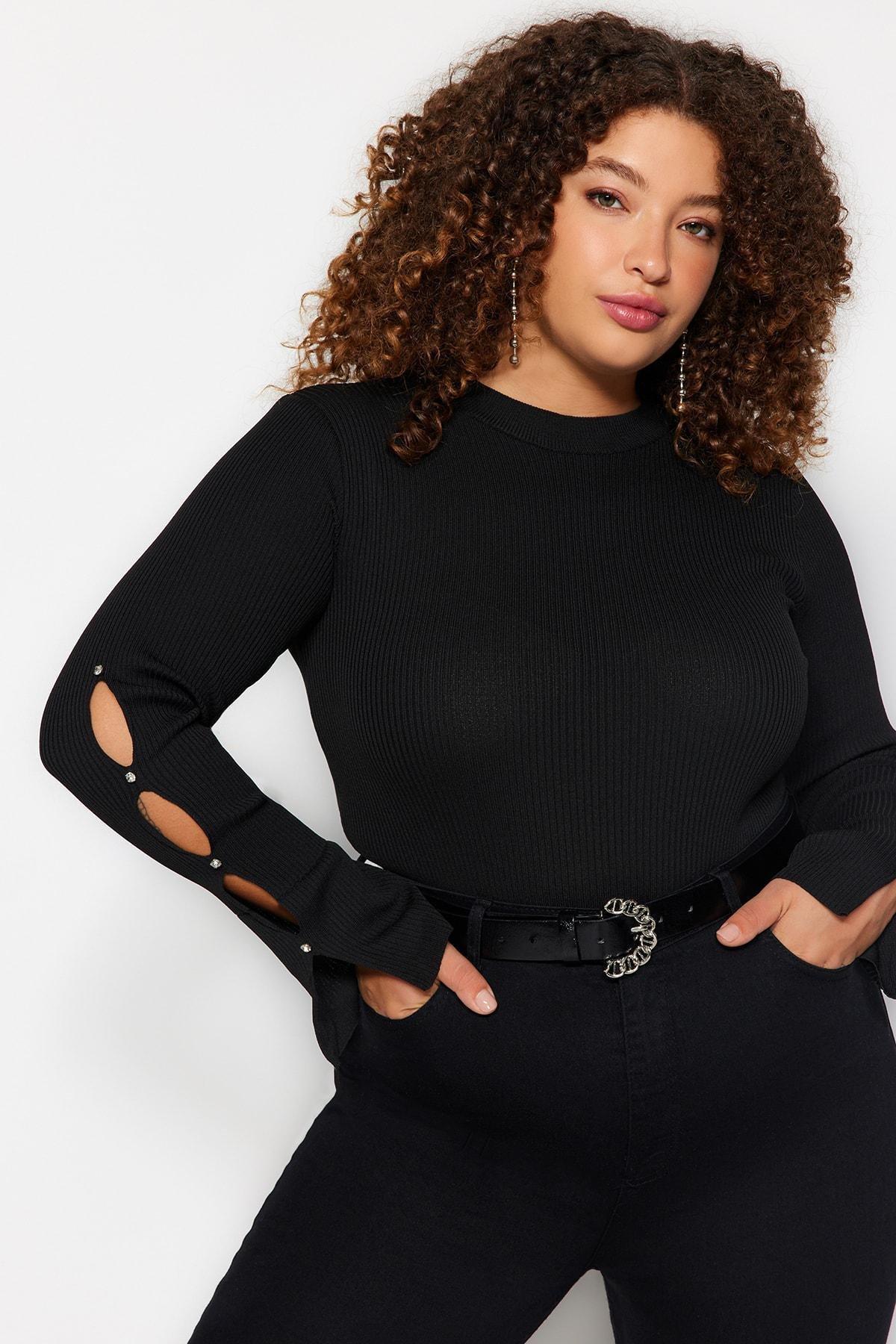 Black Sleeve Detail Knitted Blouse, , large image number 2