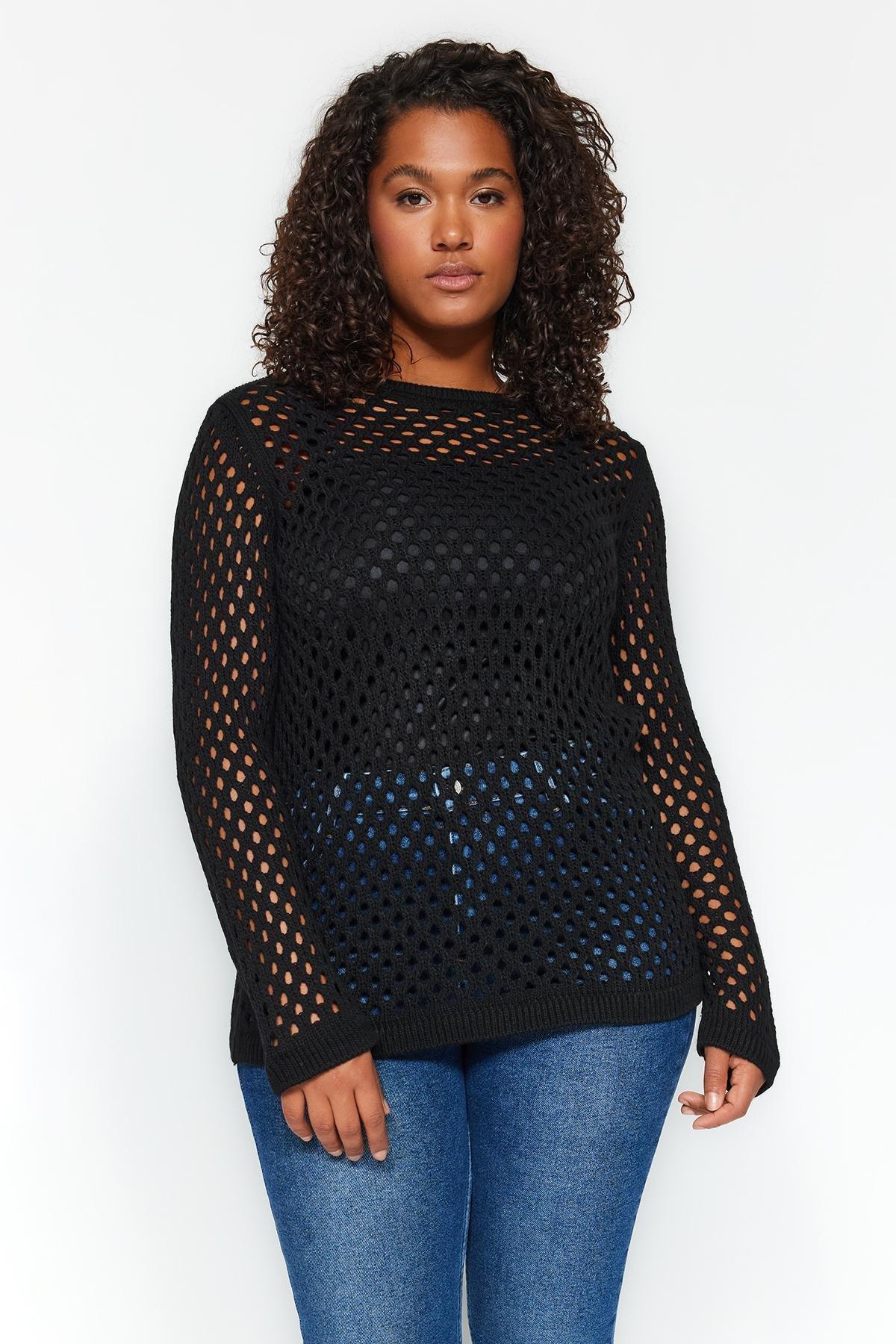 Black Perforated Knitted Sweater, BLACK, large image number 0