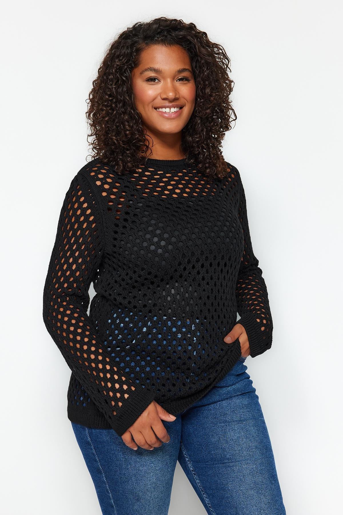 Black Perforated Knitted Sweater, BLACK, large image number 1