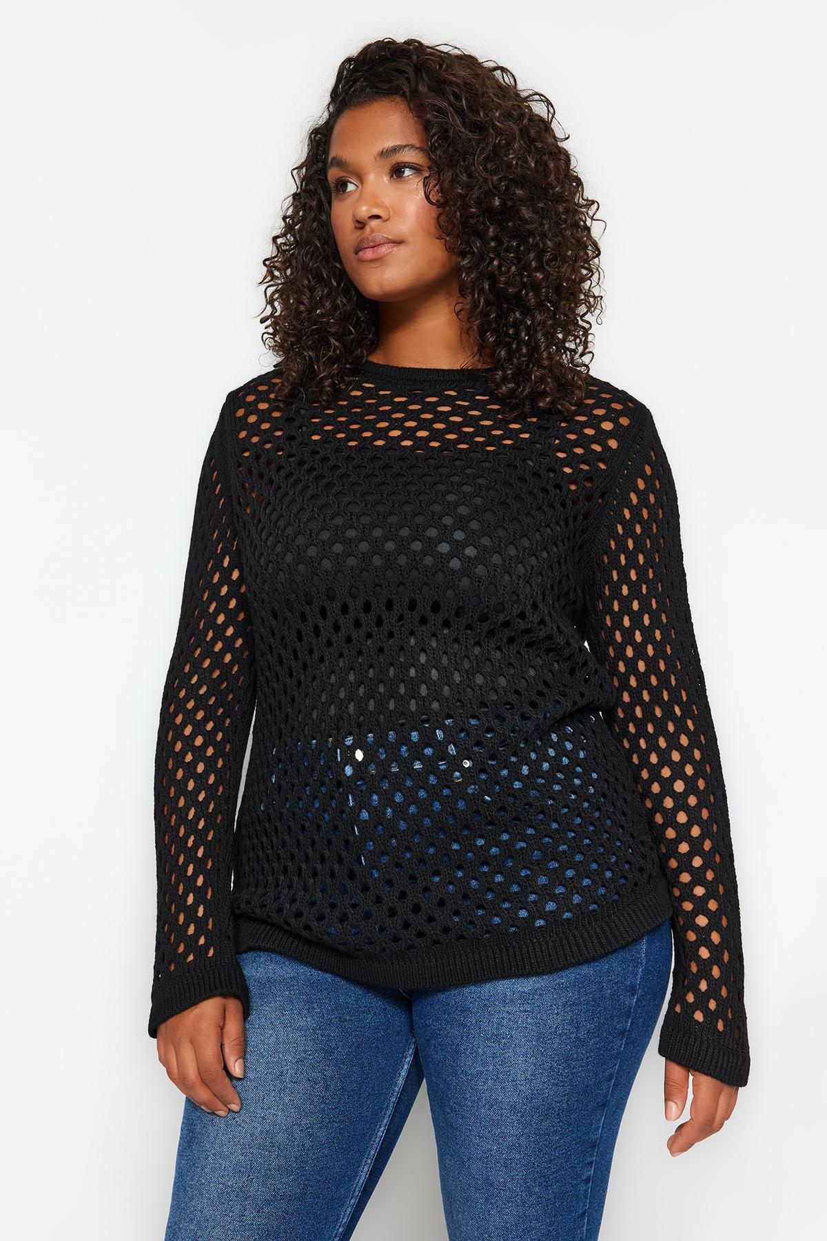 Black Perforated Knitted Sweater, BLACK, large image number 2