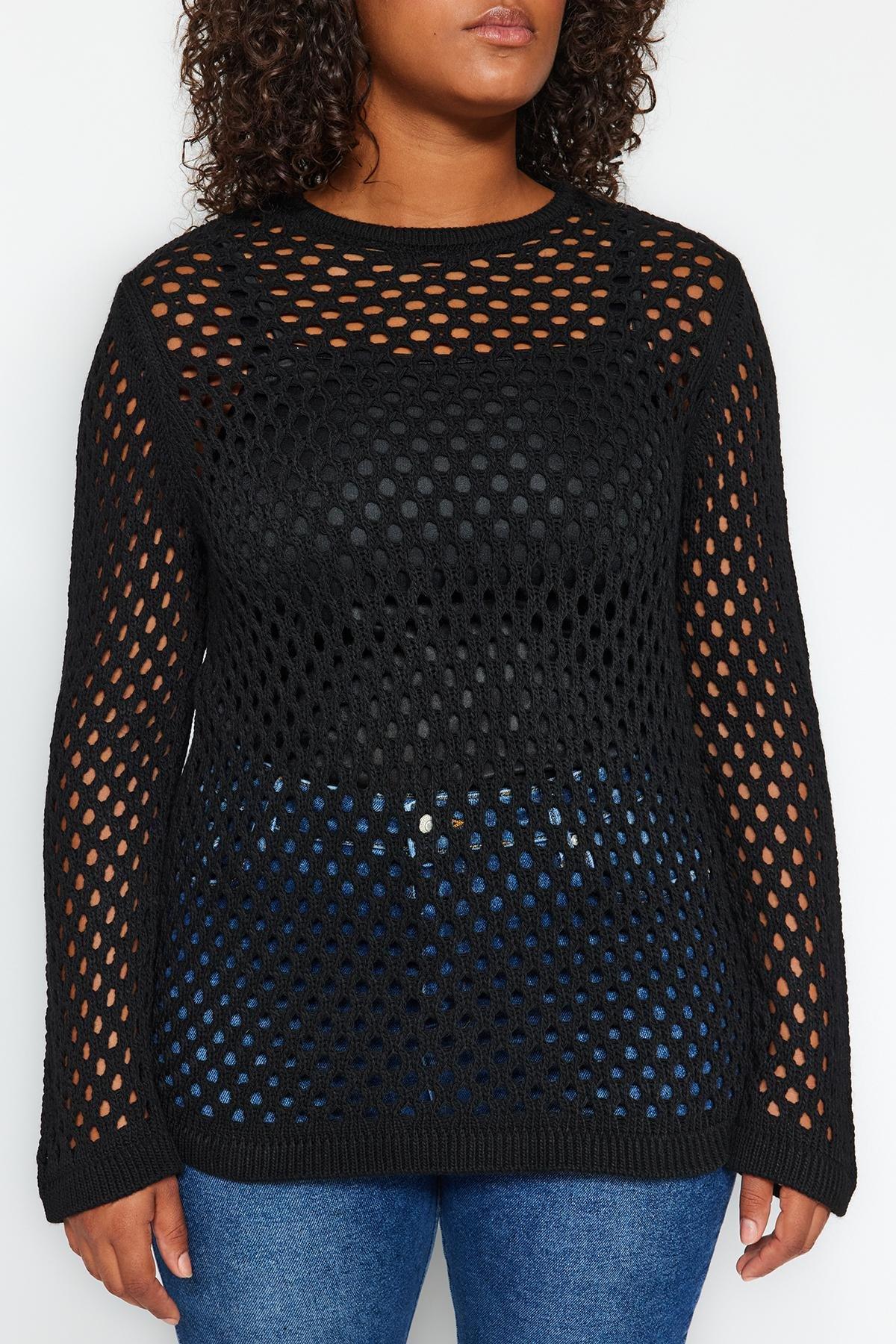 Black Perforated Knitted Sweater, BLACK, large image number 3