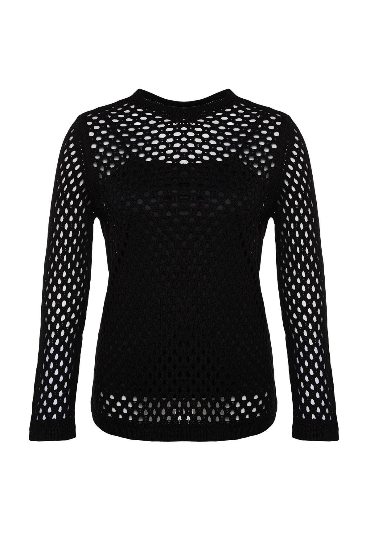 Black Perforated Knitted Sweater, BLACK, large image number 5