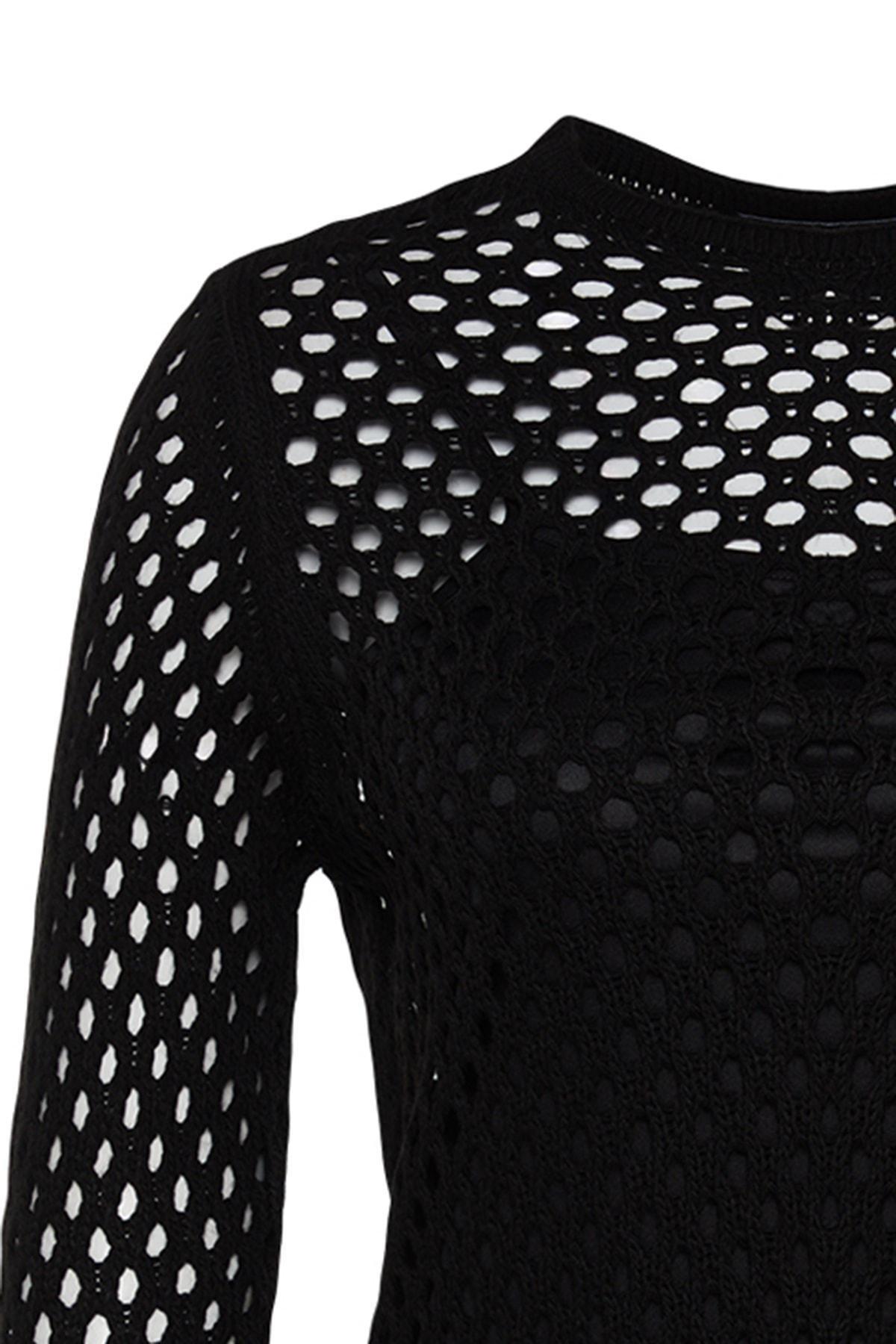 Black Perforated Knitted Sweater, BLACK, large image number 6