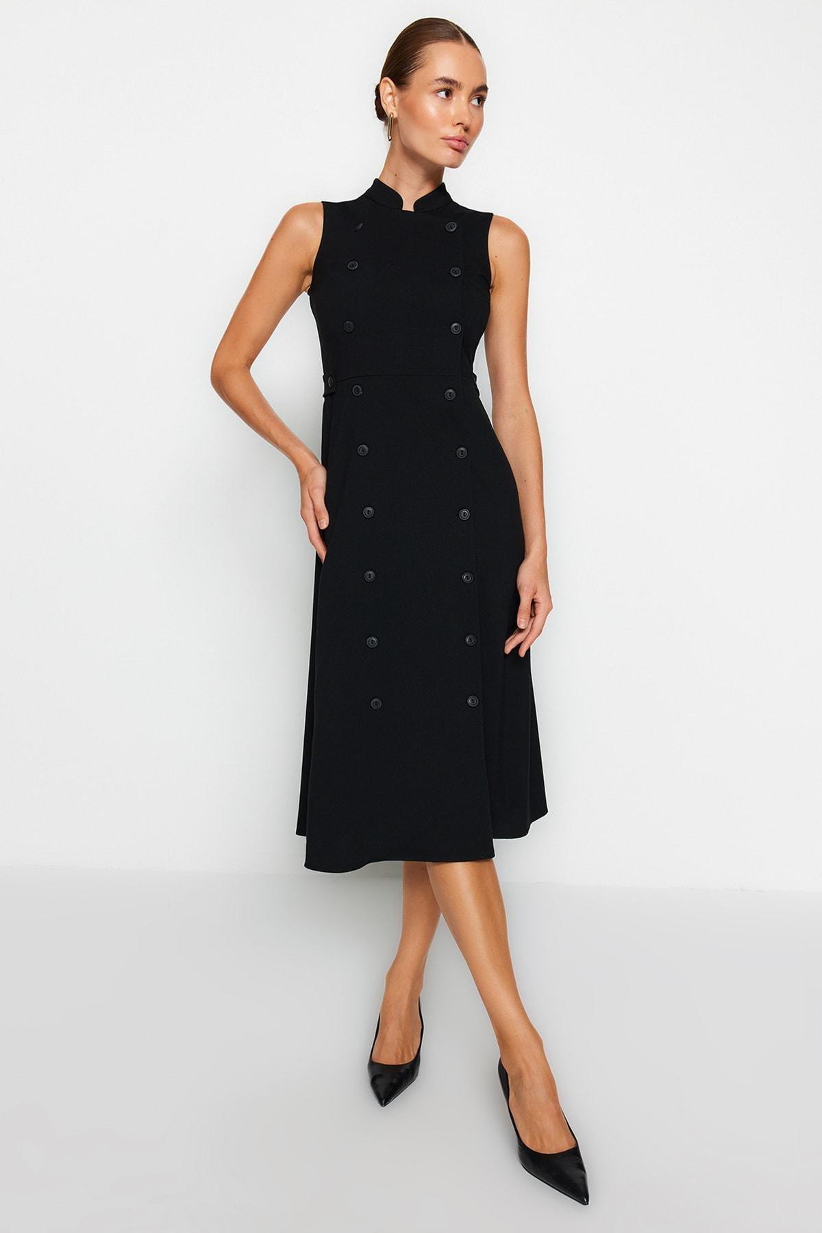 Black Buttoned Big Collar Midi Woven Dress, , large image number 0
