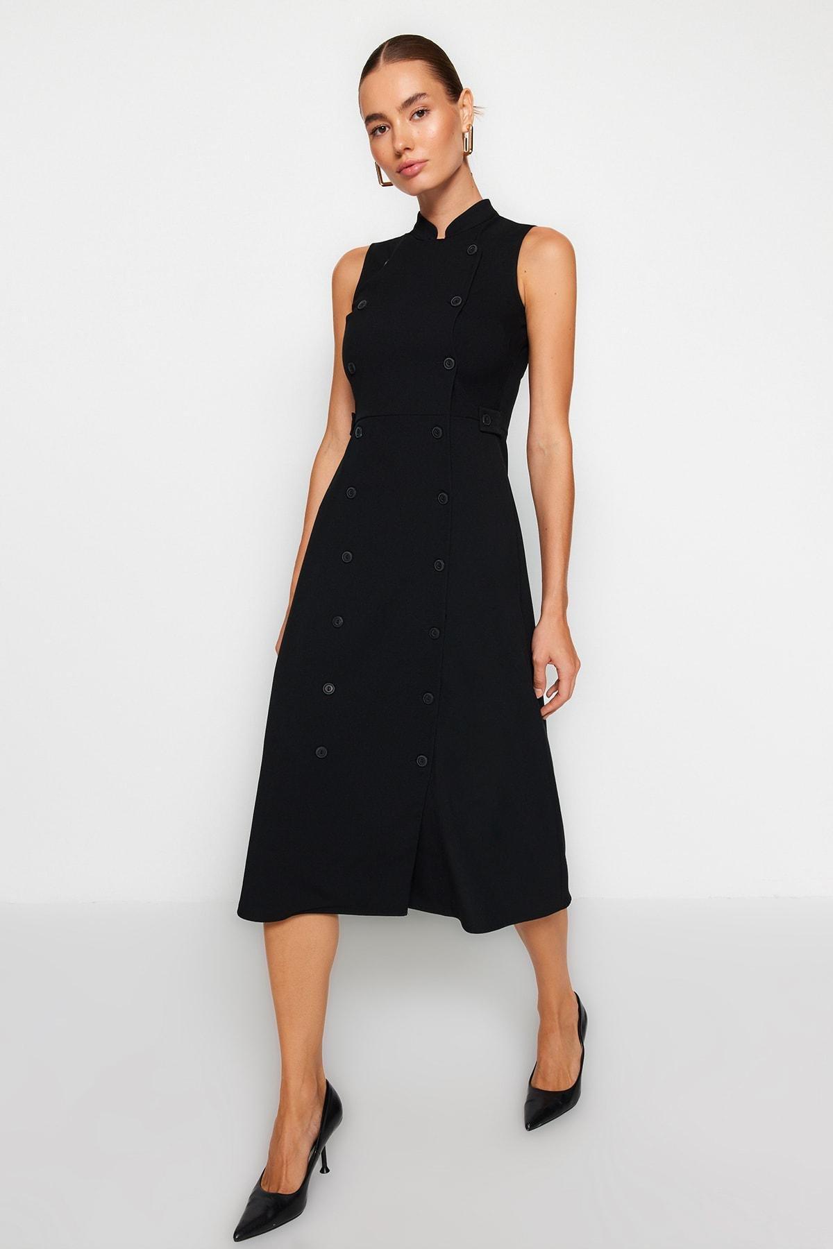 Black Buttoned Big Collar Midi Woven Dress, , large image number 1