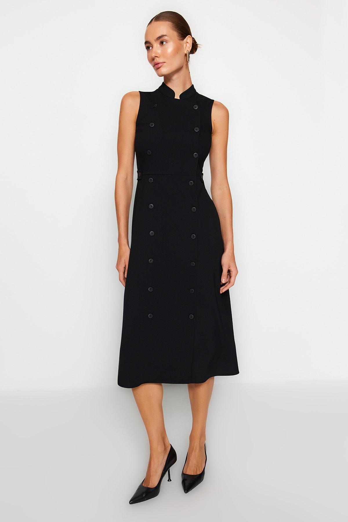 Black Buttoned Big Collar Midi Woven Dress, , large image number 2