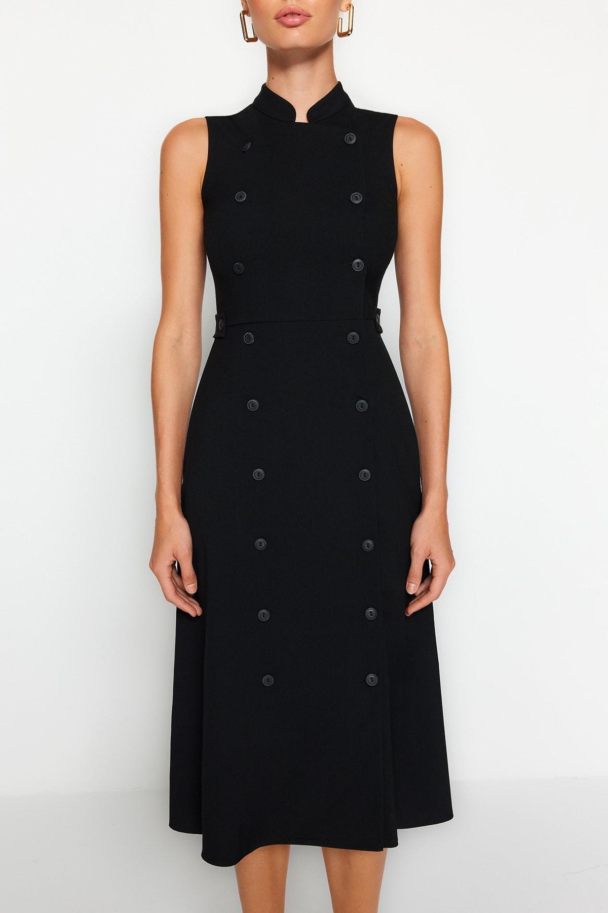 Black Buttoned Big Collar Midi Woven Dress, , large image number 3