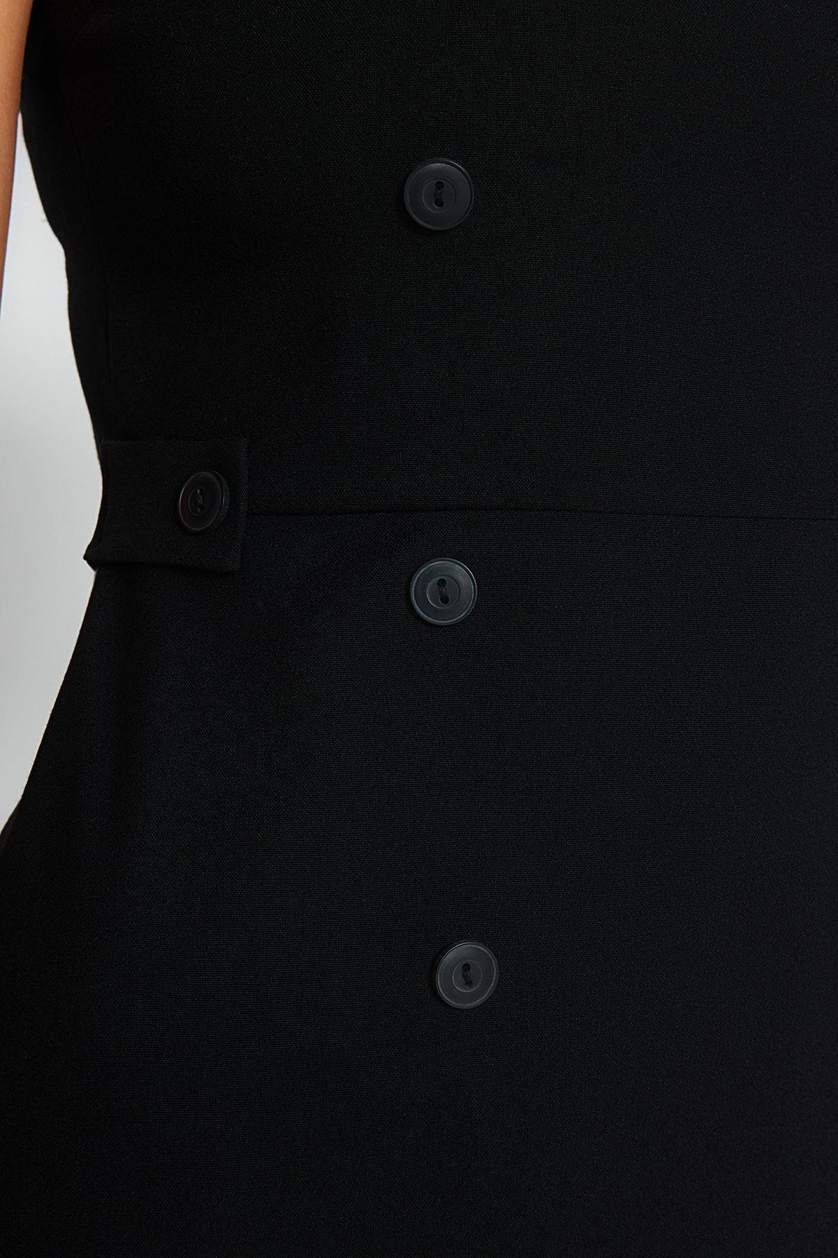 Black Buttoned Big Collar Midi Woven Dress, , large image number 4
